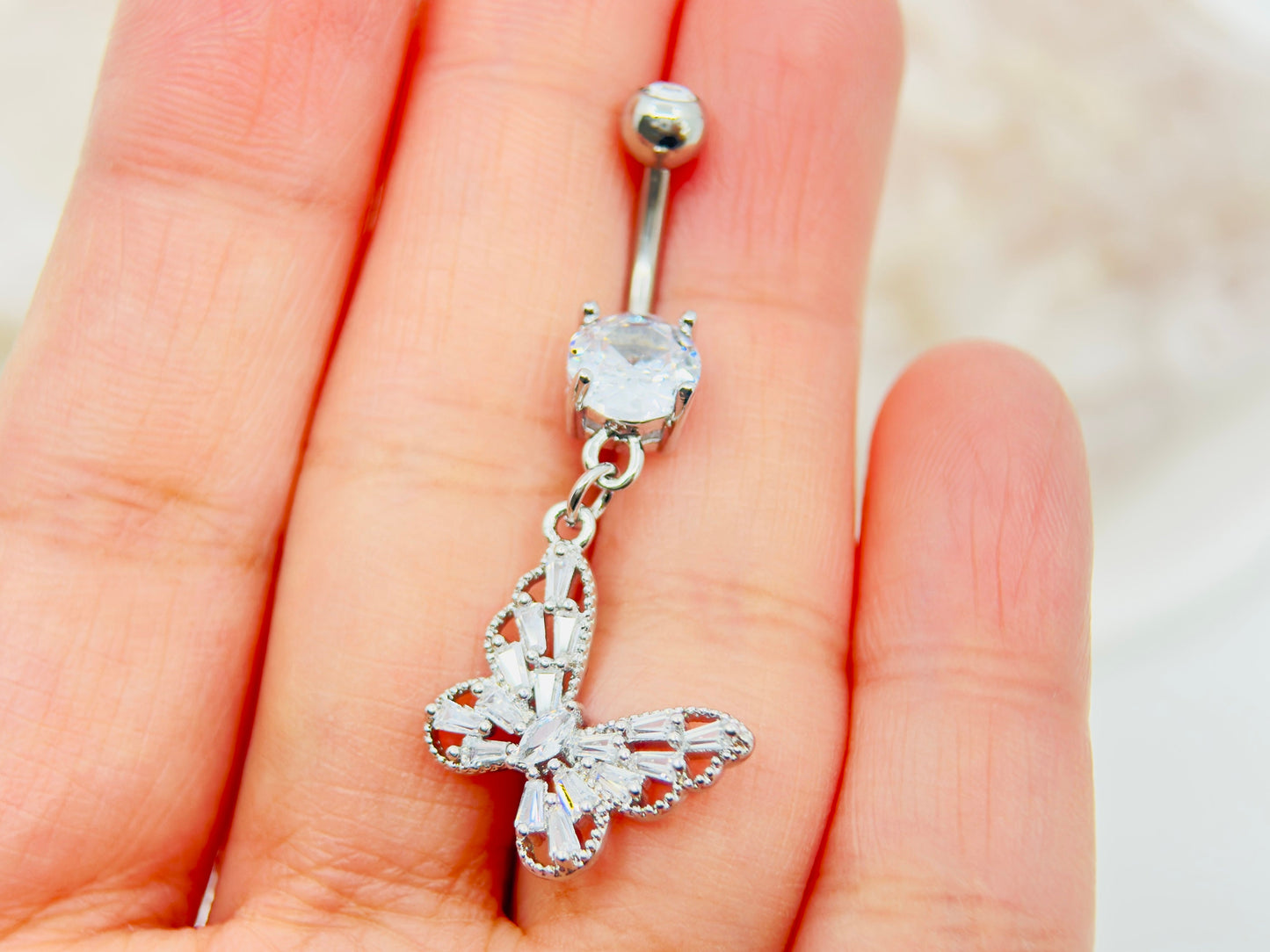 14G Butterfly Dangling Belly Ring, Sparkling Butterfly CZ Decor Charm Belly Ring Piercing, Navel Piercing Jewelry, Belly Button Ring