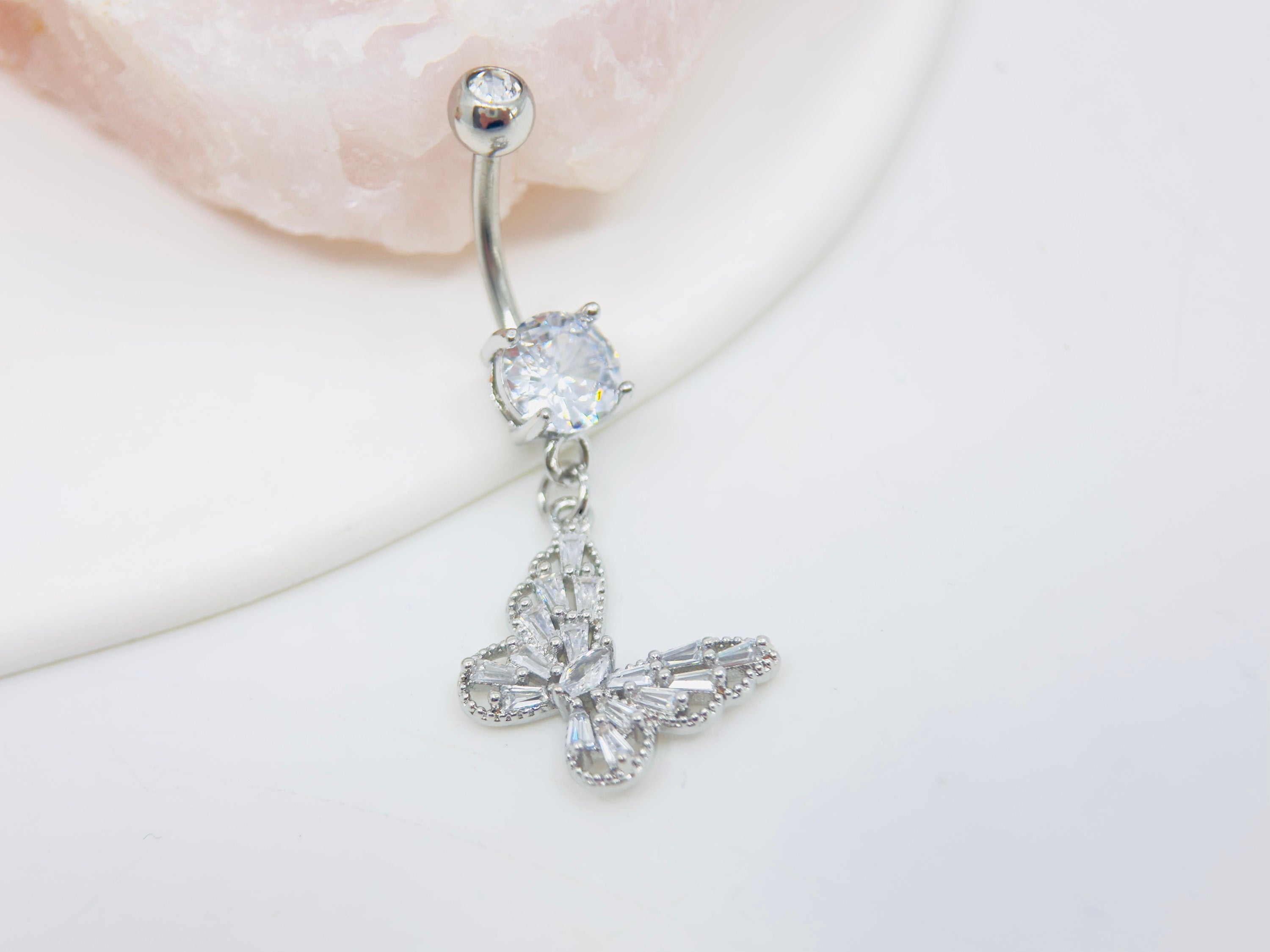 14G Butterfly Dangling Belly Ring, Sparkling Butterfly CZ Decor Charm Belly Ring Piercing, Navel Piercing Jewelry, Belly Button Ring