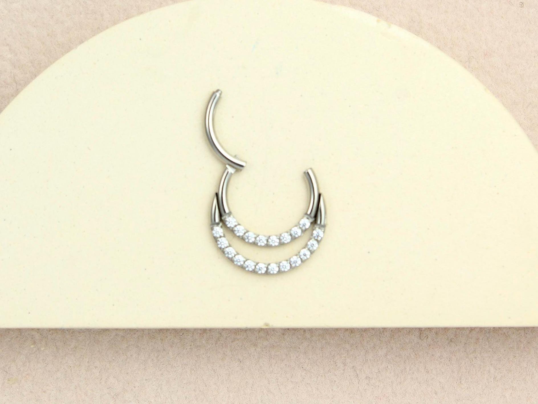 16G Septum Clicker Ring, Dainty Double Line Sparkle Gem Hinged Hoop Septum Piercing Jewelry, Nose Piercing Body Jewelry, Septum Ring