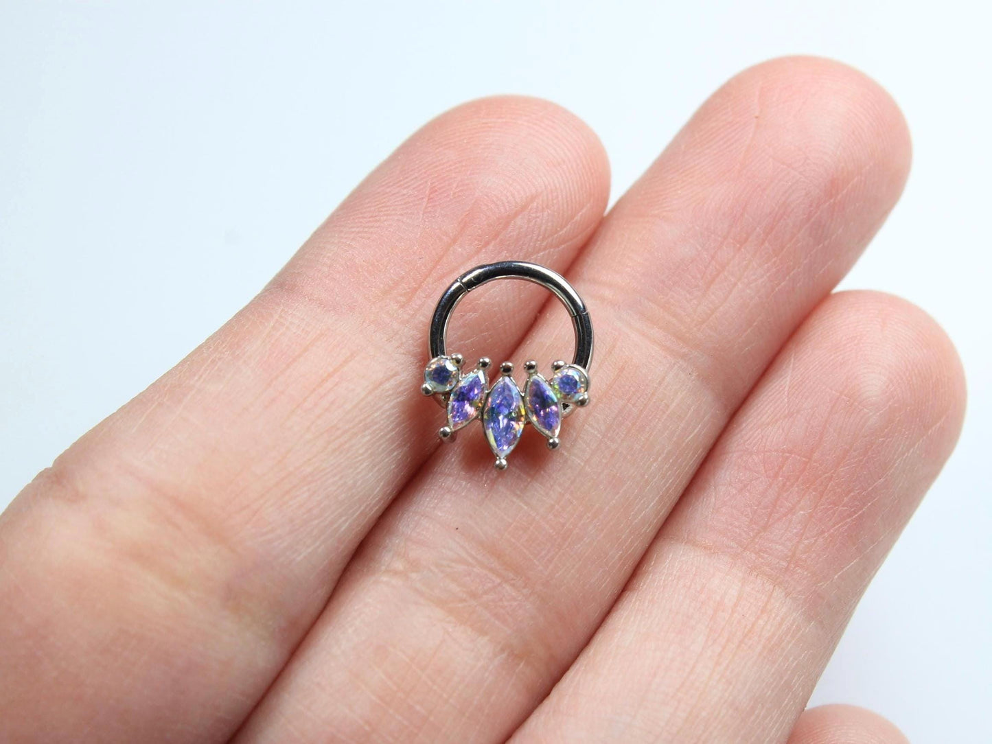 16G Septum Clicker Ring, Dainty Marquise Septum Hinged Hoop Ring, Silver Nose Piercing, Septum Piercing Jewelry