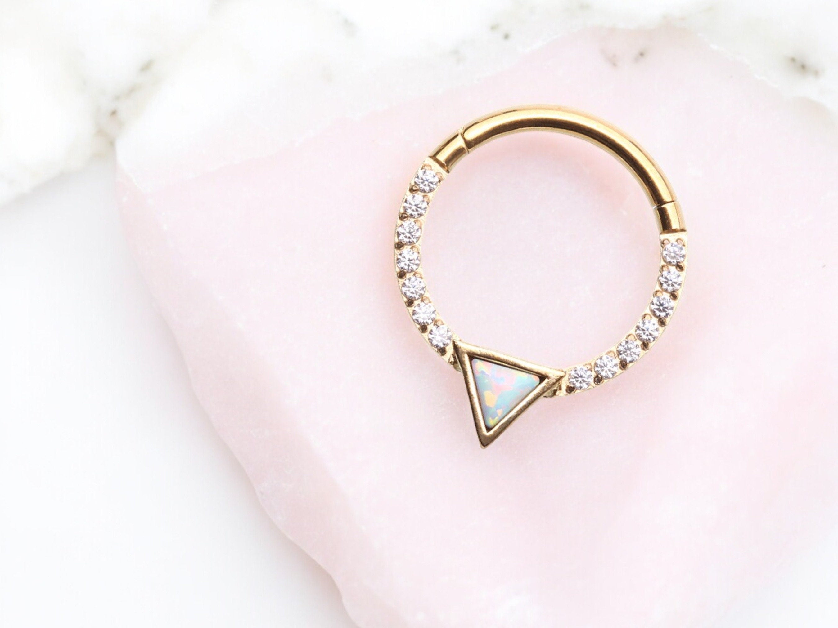 16g Gold Opal Triangle Multi-Gem Septum Clicker Hoop. CZ V-cut shaped clicker hoop ring. Seamless Septum Ring. Nose Piercing Jewelry.