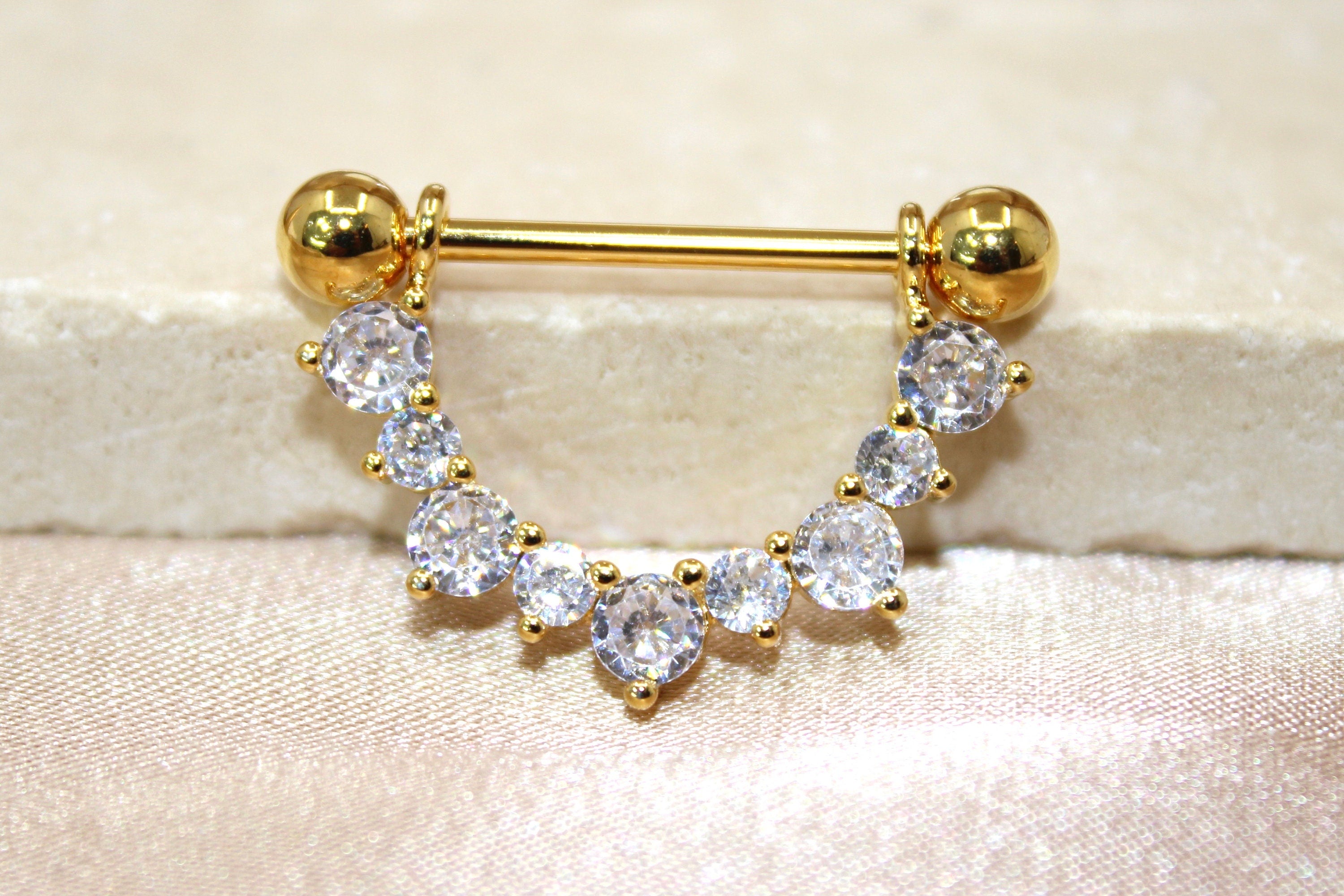 14g Dangle Gem Nipple Ring, Elegant Gem Drop Decor Gold Silver Nipple Piercing Barbell Jewelry