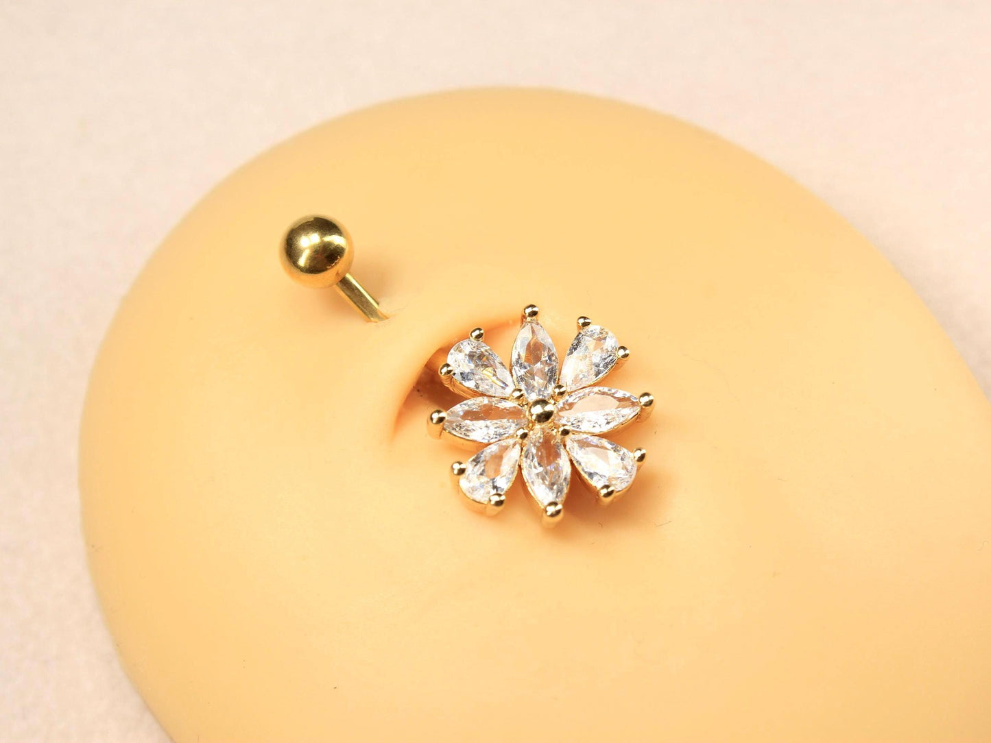 14G Gold CZ Floral Belly Button Ring – Minimalist Flower Navel Piercing