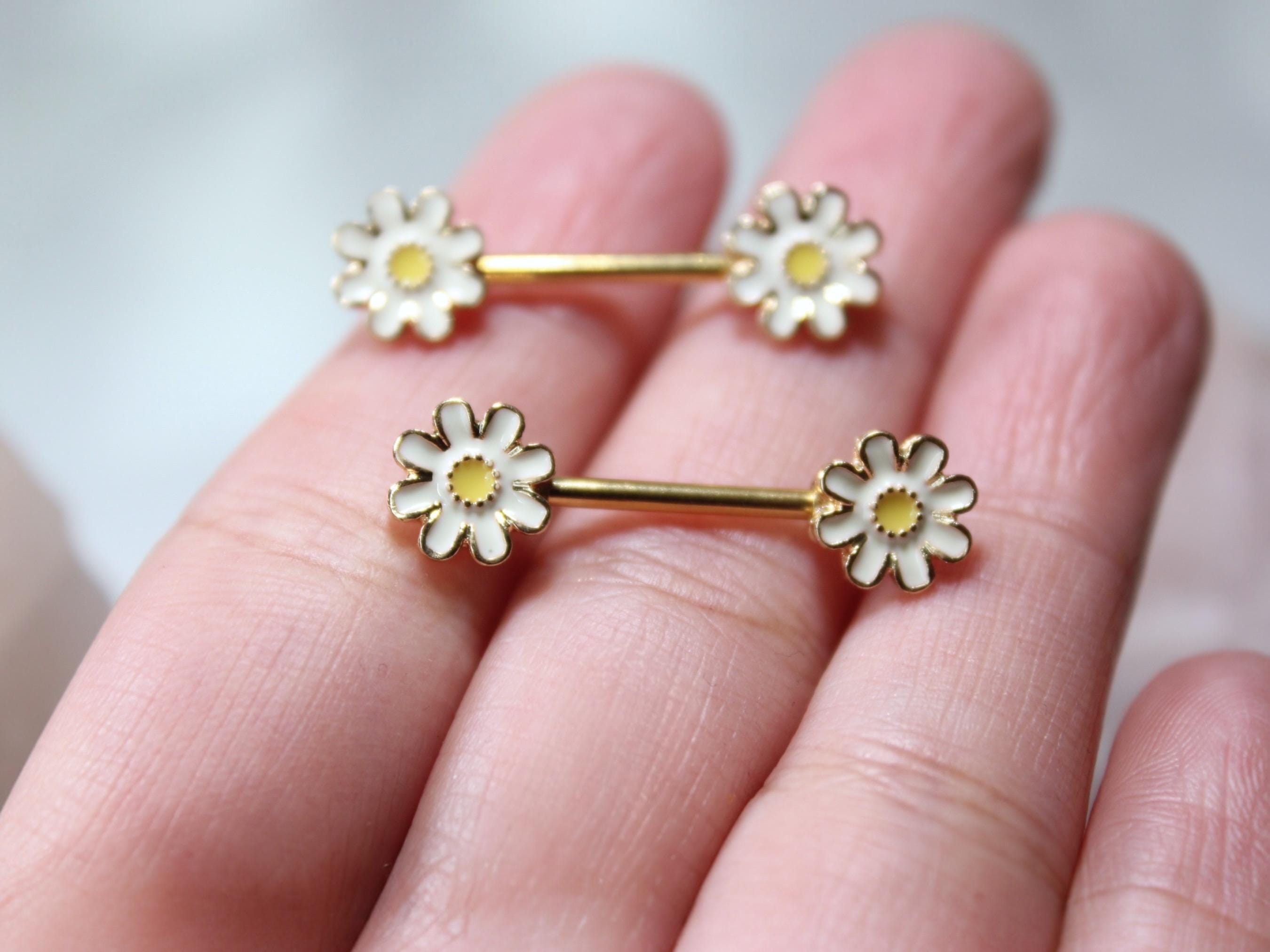 14G Daisy Nipple Barbell, Set of 2 Gold Floral Nipple Ring, Nipple Piercing Jewelry, Customized Personalized Body Jewelry