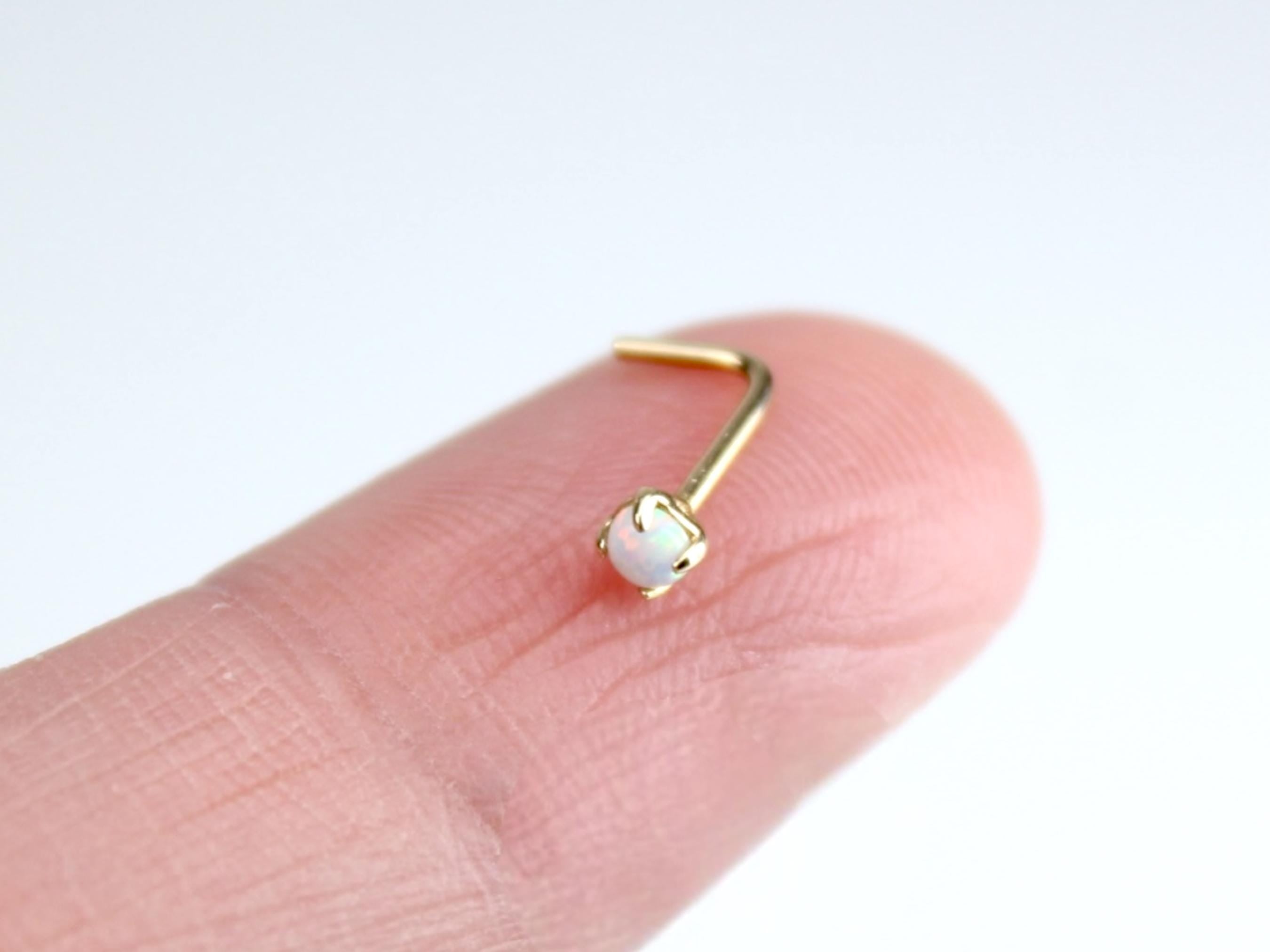 14K Gold Opal Nose Stud, White Opal L-Shaped Nose Ring, 20G Solid Gold Piercing Jewelry, Minimalist Dainty Nose Stud, Gold Body Jewelry