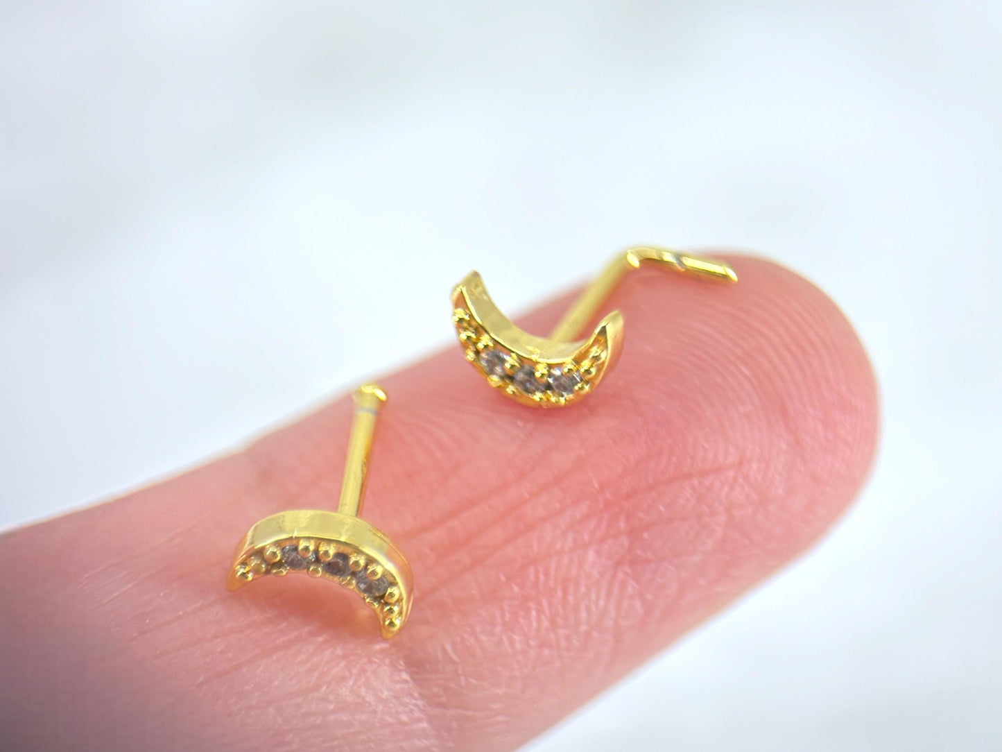 Gold Crescent Moon CZ Nose Stud, 8mm Dainty Nose Bone Stud,L Shape Crescent Nose Ring,Ball End Stud,Tiny Nose Jewelry,Nose Piercing Jewelry.