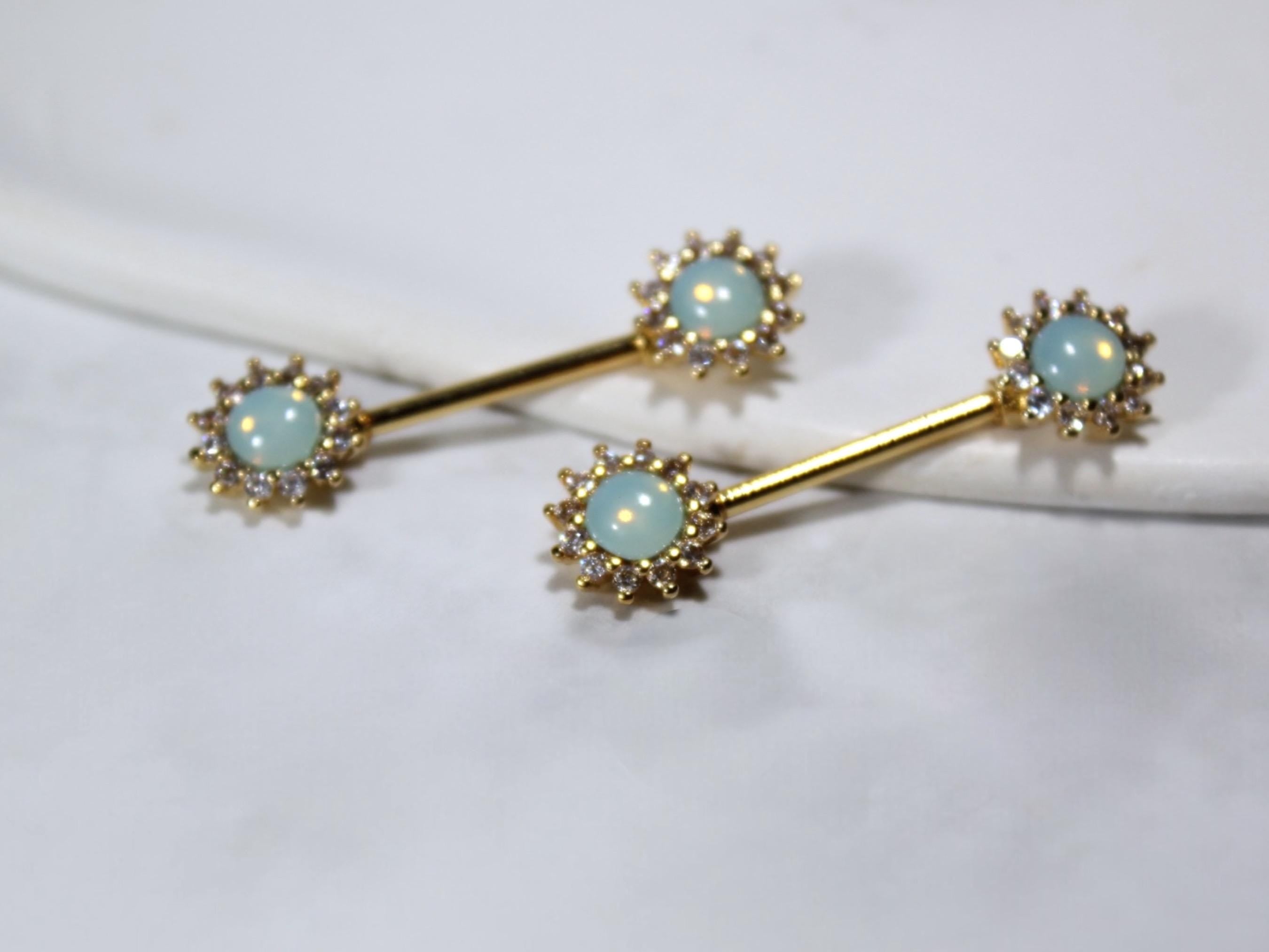 Green Opal Nipple Ring, 14G Dainty Opal Sun Nipple Piercing Jewelry, Gold Personalized Body Piercing Jewelry, Nipple Barbell Set of 2