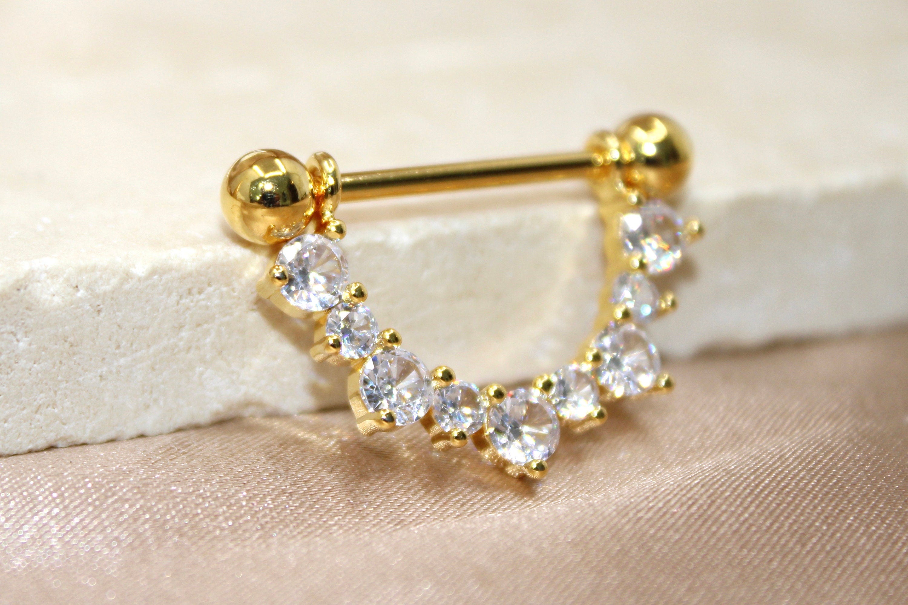 14g Dangle Gem Nipple Ring, Elegant Gem Drop Decor Gold Silver Nipple Piercing Barbell Jewelry