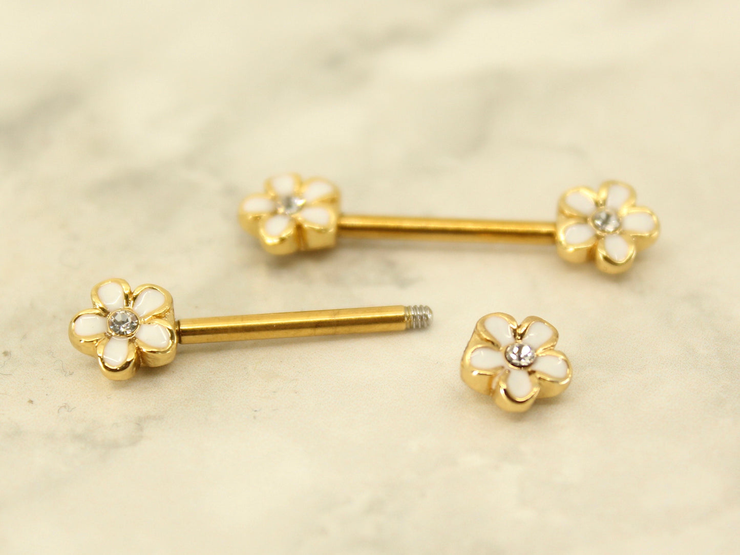Daisy Nipple Ring, White Daisy Floral Decor Nipple Piercing Ring, 14g Gold Nipple Piercing Jewelry Barbell