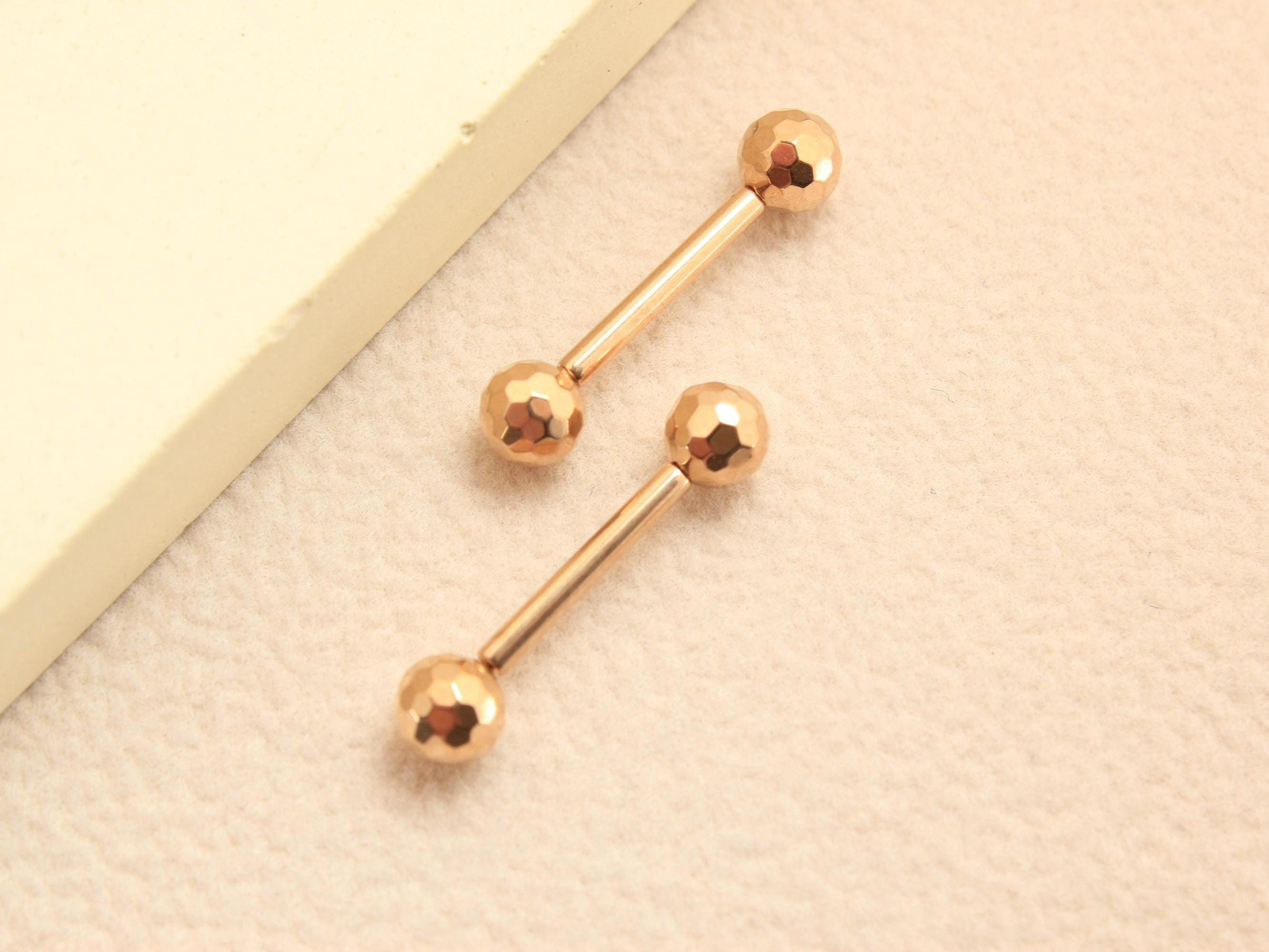 Rosegold Titanium Nipple Barbell, 14G Disco Ball End Threadless Push In Nipple Ring Jewelry,Pair of 2 Nipple Piercing, Push In Body Jewelry