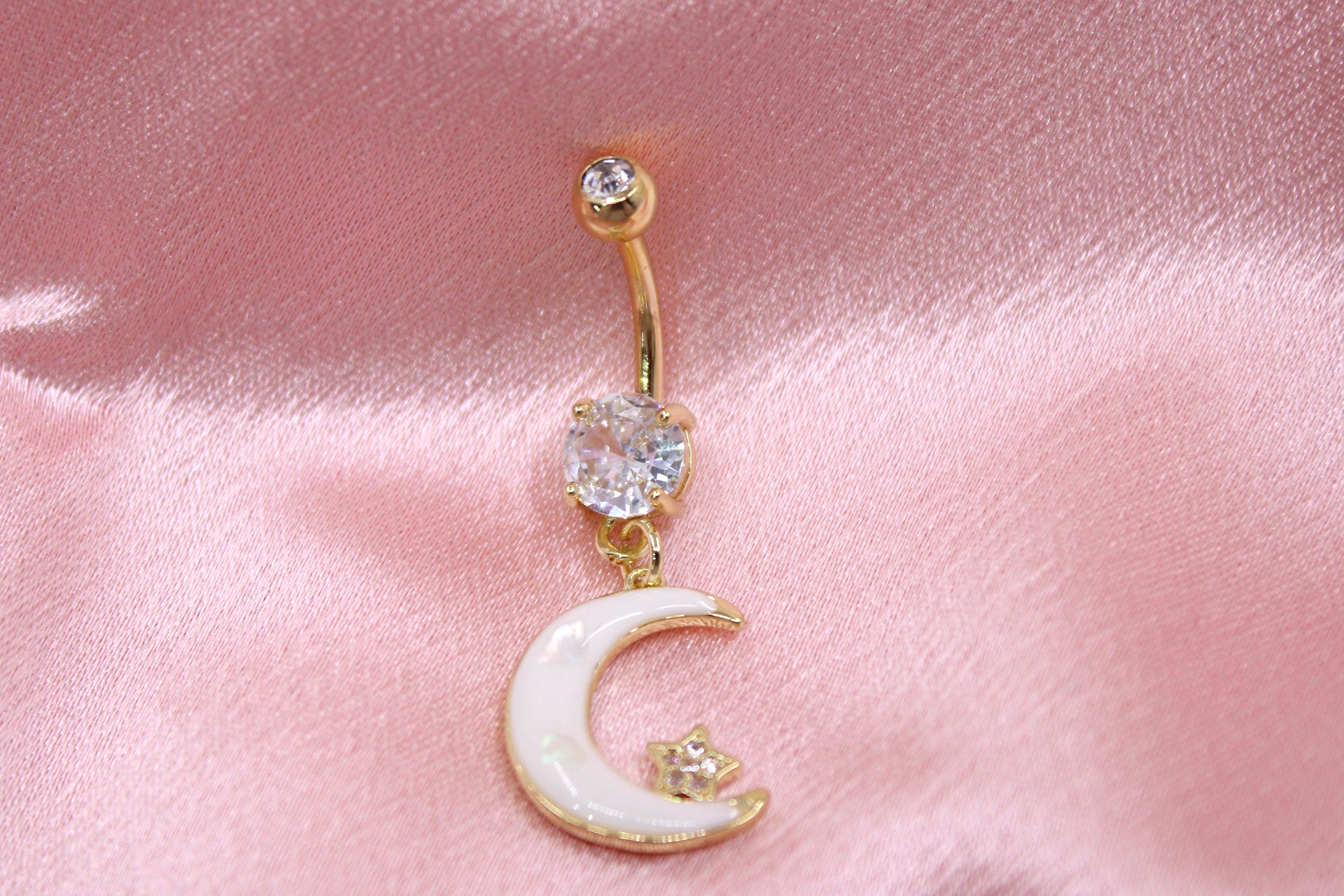 Moon Belly Ring, White Moon & Star Dangling Belly Button Ring Piericng Jewelry, Clestial Themed Jewelry, 14g  Navel Piercing