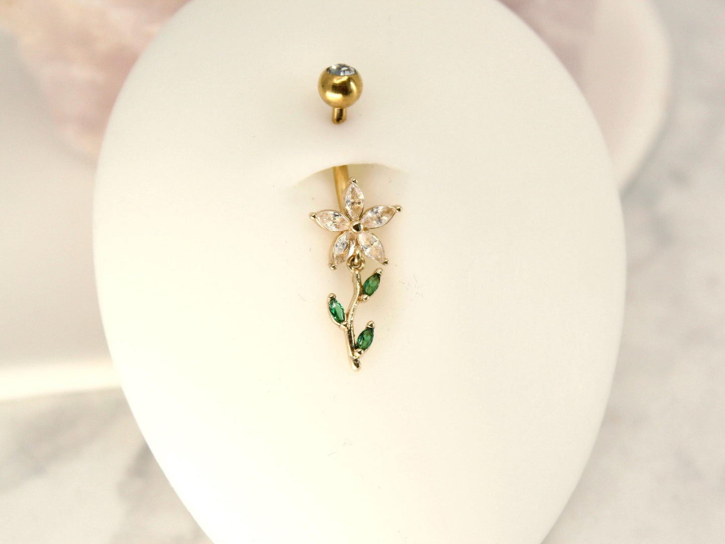 14G Gold Floral Leaf Belly Button Ring, Marquise Flower Petal Belly Ring Piercing , Gold Silver Dainty Navel Piercing, Belly Body Jewelry,