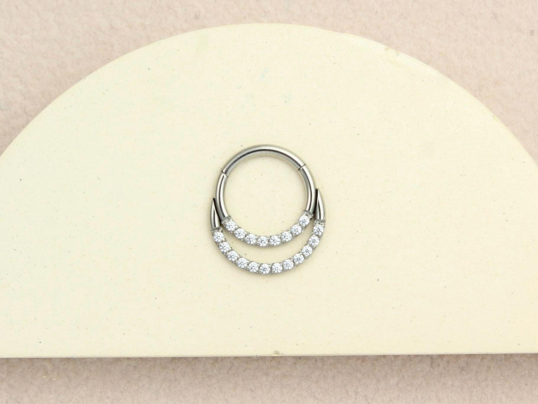 16G Septum Clicker Ring, Dainty Double Line Sparkle Gem Hinged Hoop Septum Piercing Jewelry, Nose Piercing Body Jewelry, Septum Ring