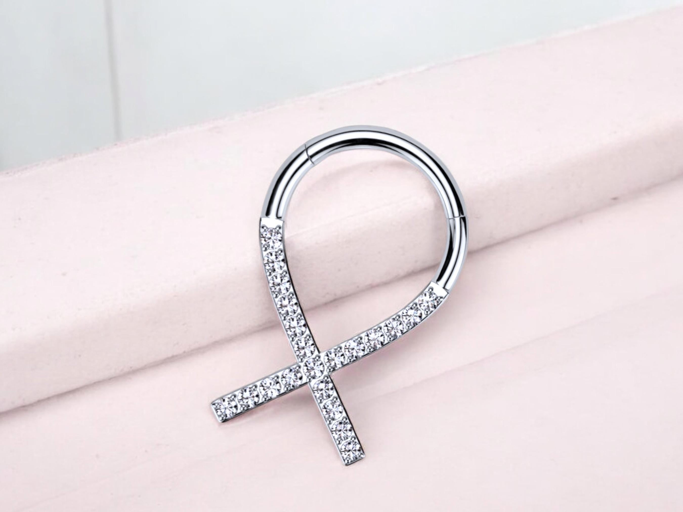 Titanium Septum Clicker Ring, 16g Silver Clear Gems Septum Hinged Hoop Ring, Nose Piercing Jewelry, Dainty Septum Ring