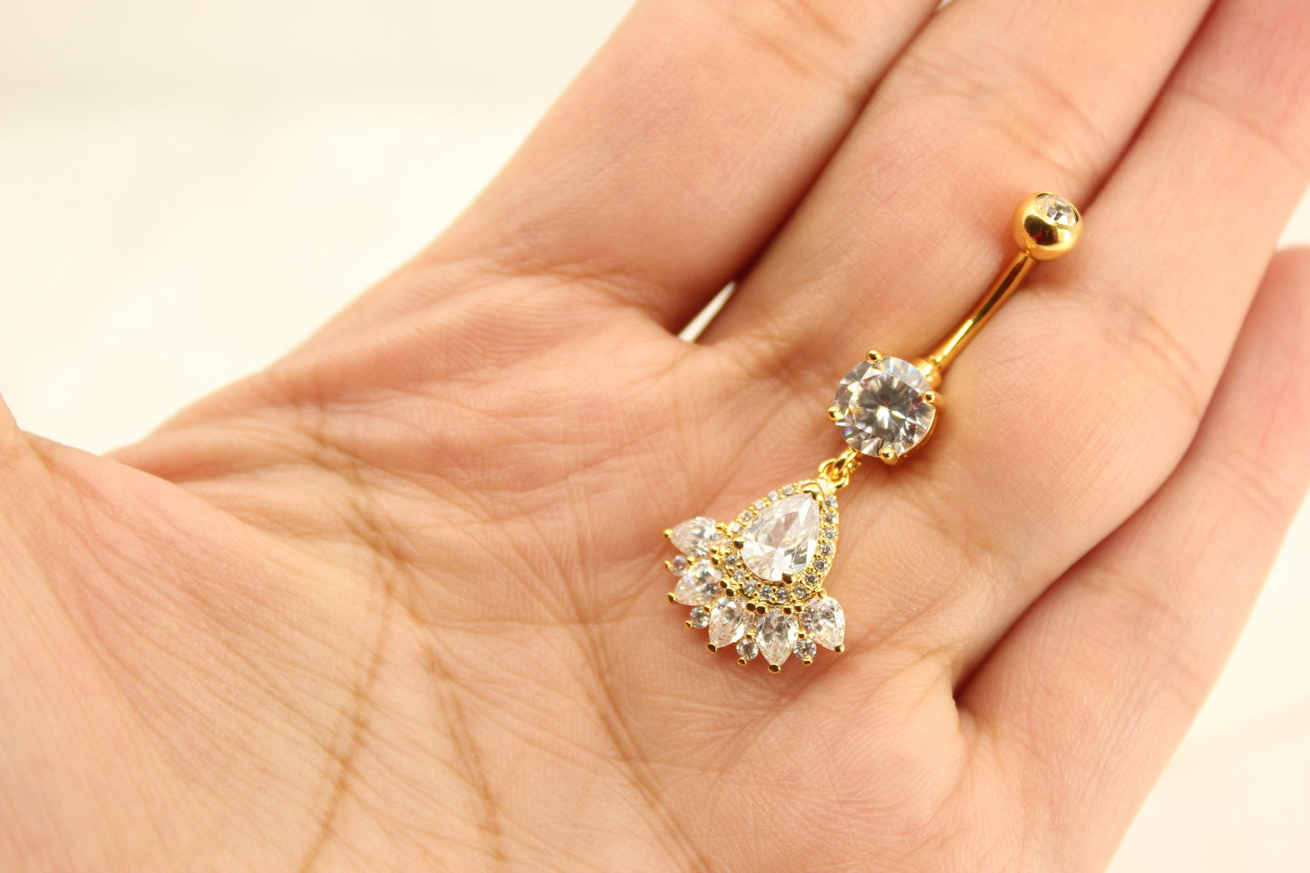 14G Dainty Gold Belly Button Ring, Beautiful Marquise Petal Decor Charm Belly Button Ring Piercing Jewelry, Sparkling Navel Rings