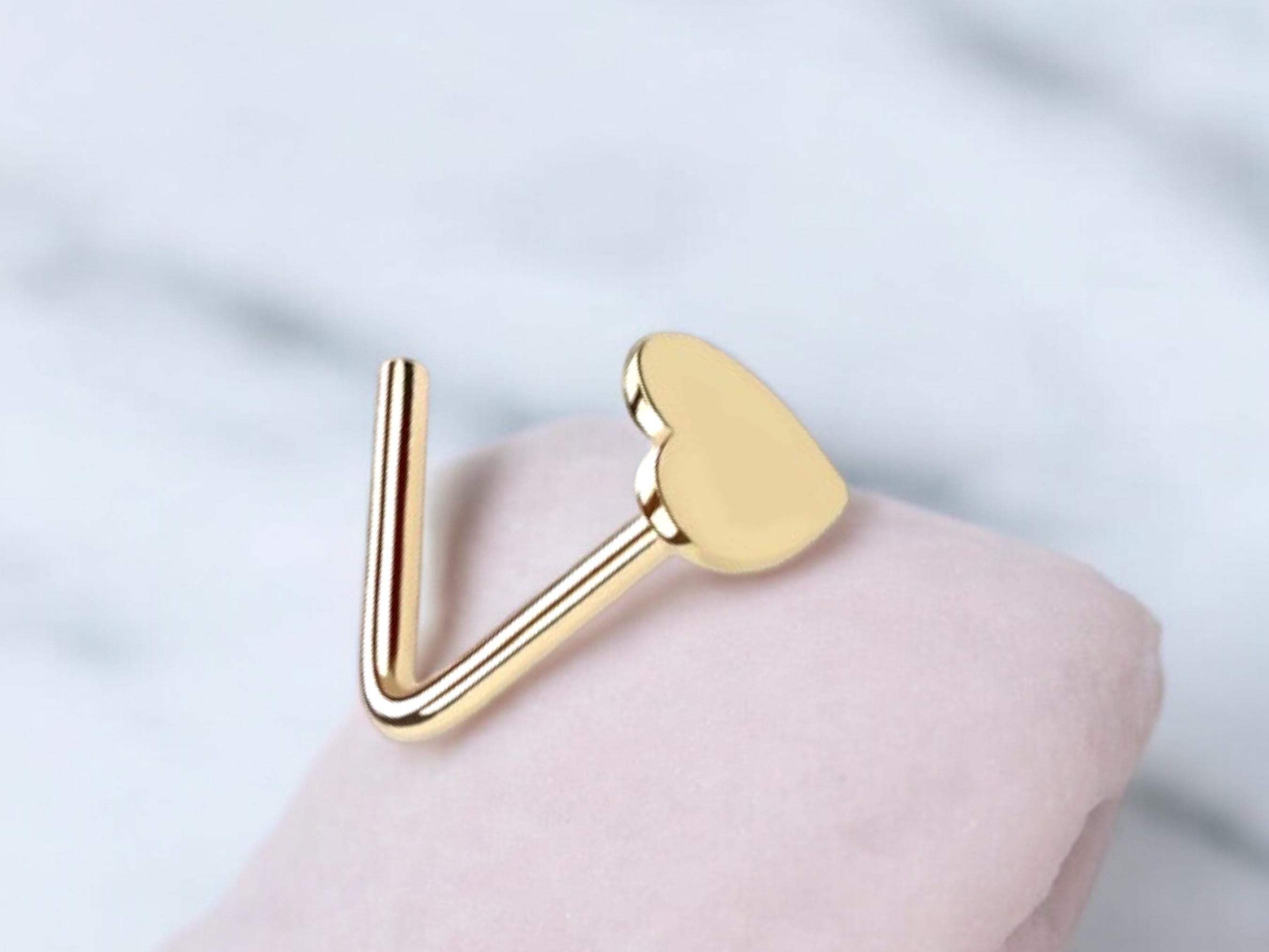 14K Gold Heart Nose Stud, 20G L-Shaped Piercing Jewelry, Minimalist Solid Gold Nose Ring, Thin Nose Gold Nose Stud