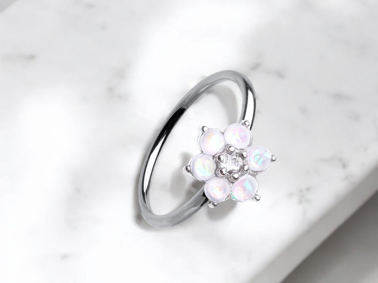 20g Opal Flower Nose Ring, Floral Top Opal Nose Hoop Ring, Jewelry, thin nose Ring Cartilage Hoop Ring, Hypoallergenic Nose Jewelry