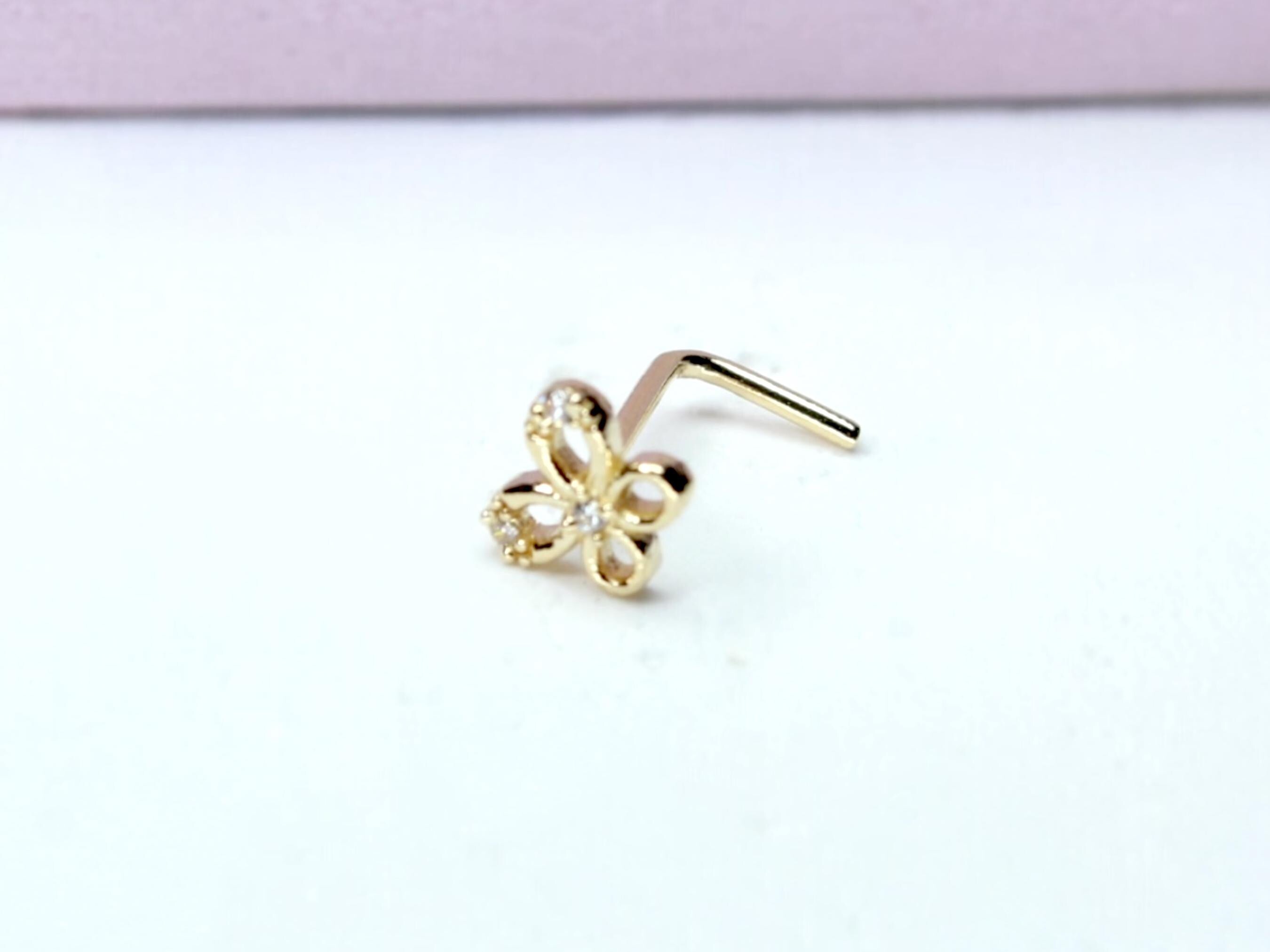 14k Gold Butterfly Nose Stud, Dainty Gold L Shape Sparkling Nose Ring Piercing, 20g Solid Yellow Gold Nose Jewelry, Minimalist Nose Jewelry