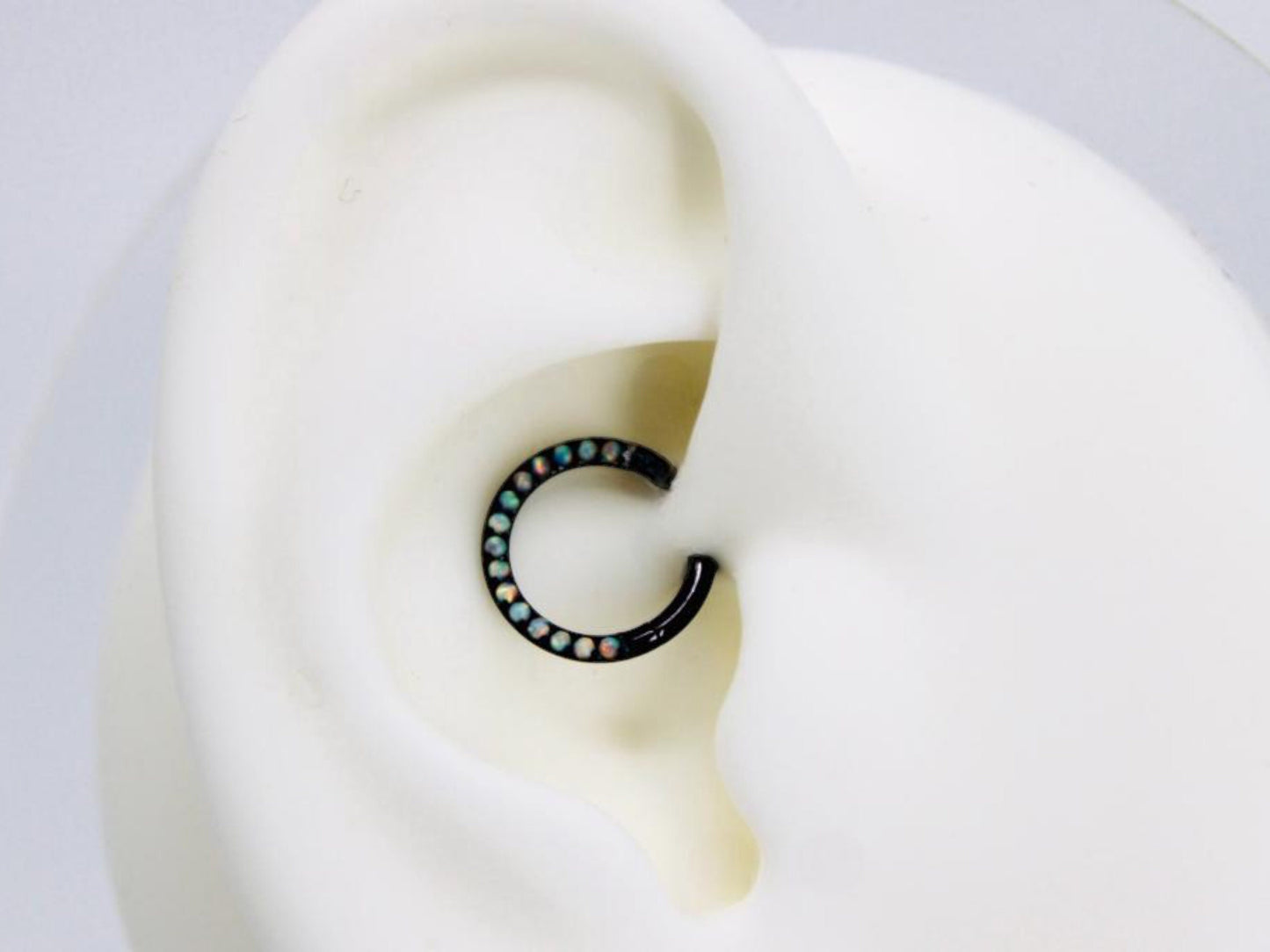 16g White Opal Titanium Septum Piercing Hoop Ring, White Opal Gem Black Hoop Ring, Daith Cartilage Septum Nose Ring Piercing Jewelry