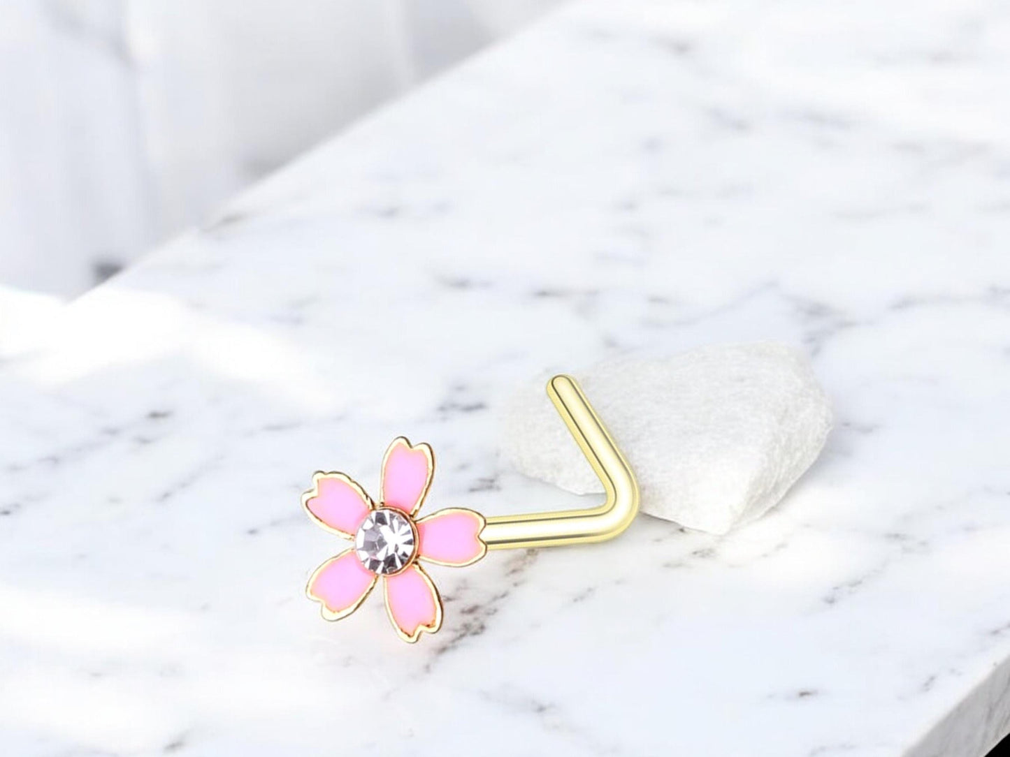 Dainty Flower Nose Stud, Pink Floral Decor Nose Ring Piercing Jewelry, L shape Nose Piercing Ring, 20g Thin Nose Stud Jewelry