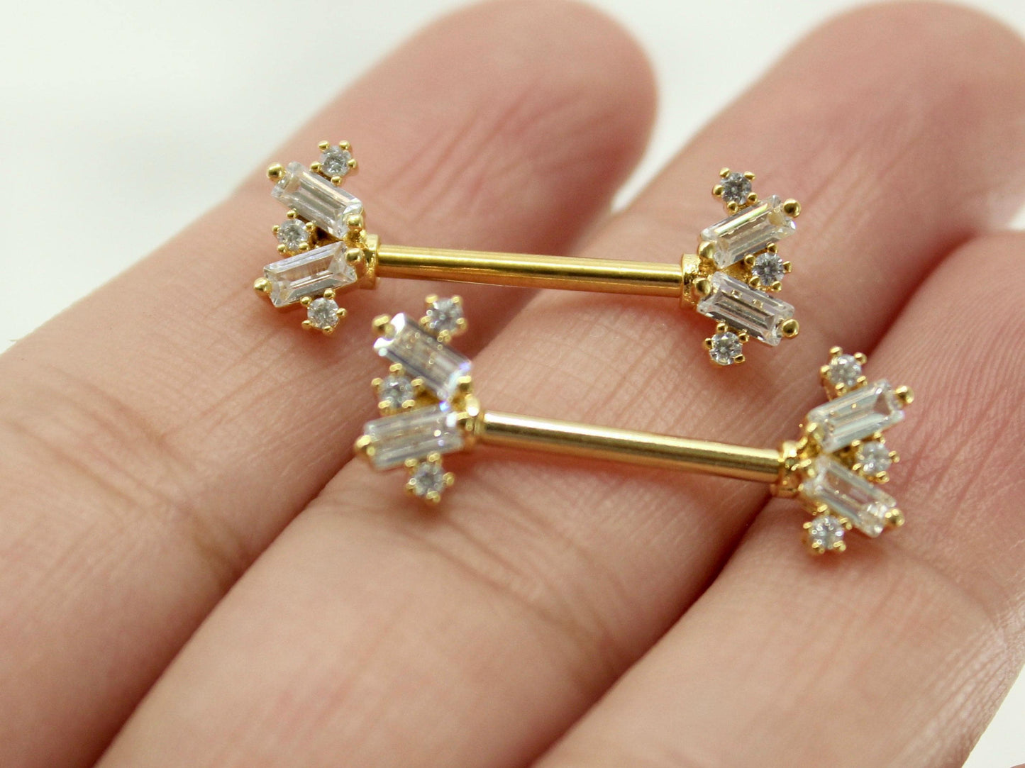 Baguette Gem Nippe Ring, Dainty Gem Cute Decor Sparkle Nipple Piercing Barbells, Gold Nipple Jewelry Body Piercing Jewelry