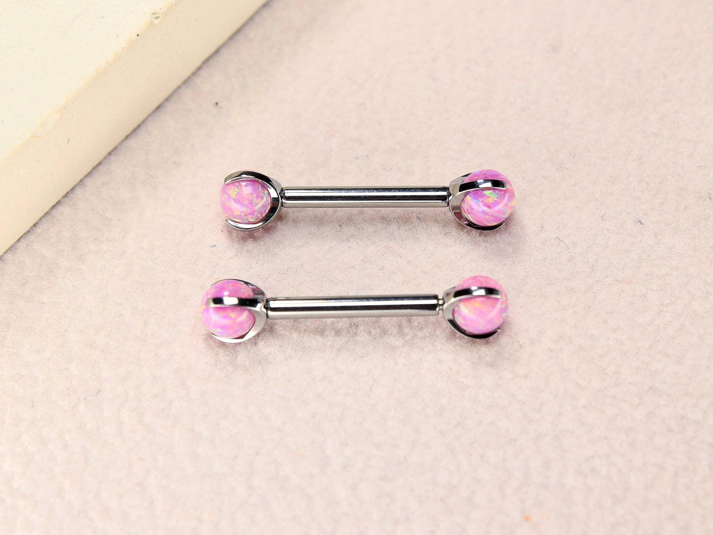 14G Titanium Nipple Barbell, Pink Opal Ball End Nipple Ring Piercing, Pair of Nipple Sheild Body Jewelry, Minimalist Nipple Piercing Jewelry