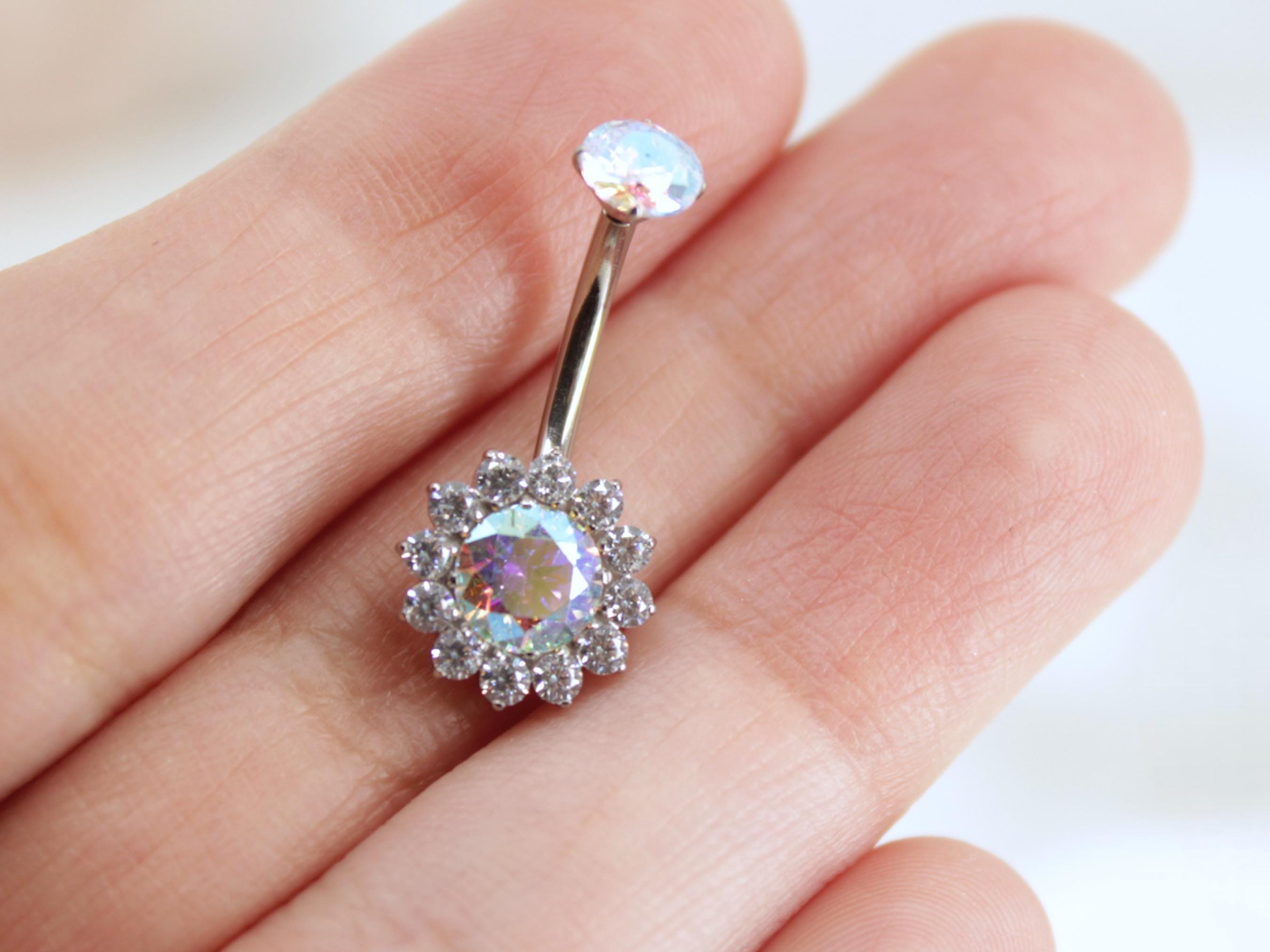 Aurora Borealis CZ Sunburst Belly Button Ring , 14g Titanium Silver Floating Navel Ring Piercing, Sparkly Crystal Body Jewelry,