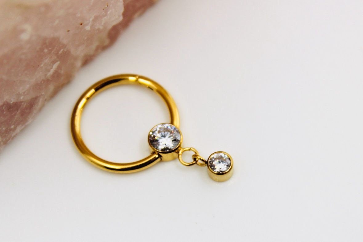 16g Gold Titanium Septum Piercing Clicker Hoop Ring, Dangle Sparkle Gem Decor Septum Ring Hoop, Titanium Septum Jewelry, Nose Jewelry