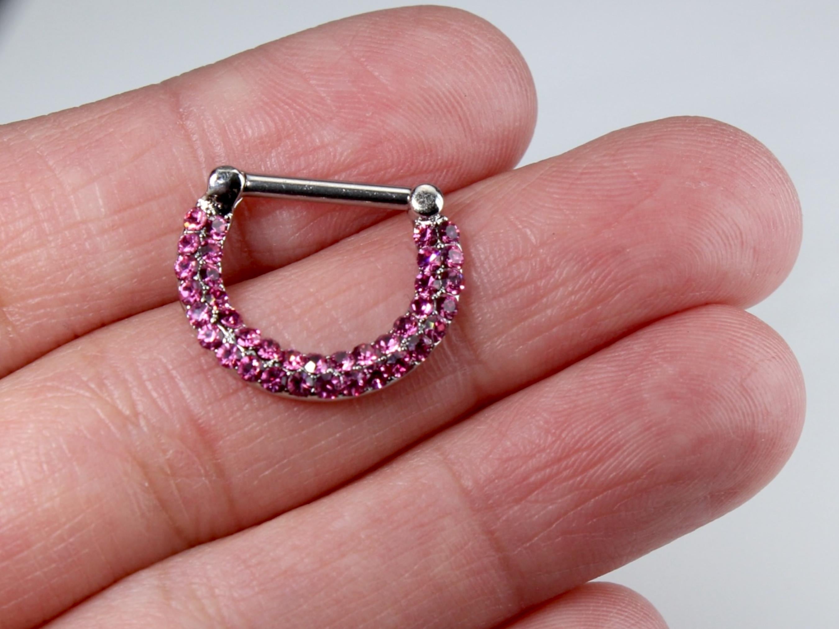 16G Septum Clicker Ring, Pink Double Line Crystal Gem Decor Hinged Septum Nose Piercing Jewelry, Dainty Nose Septum Hoop Ring,
