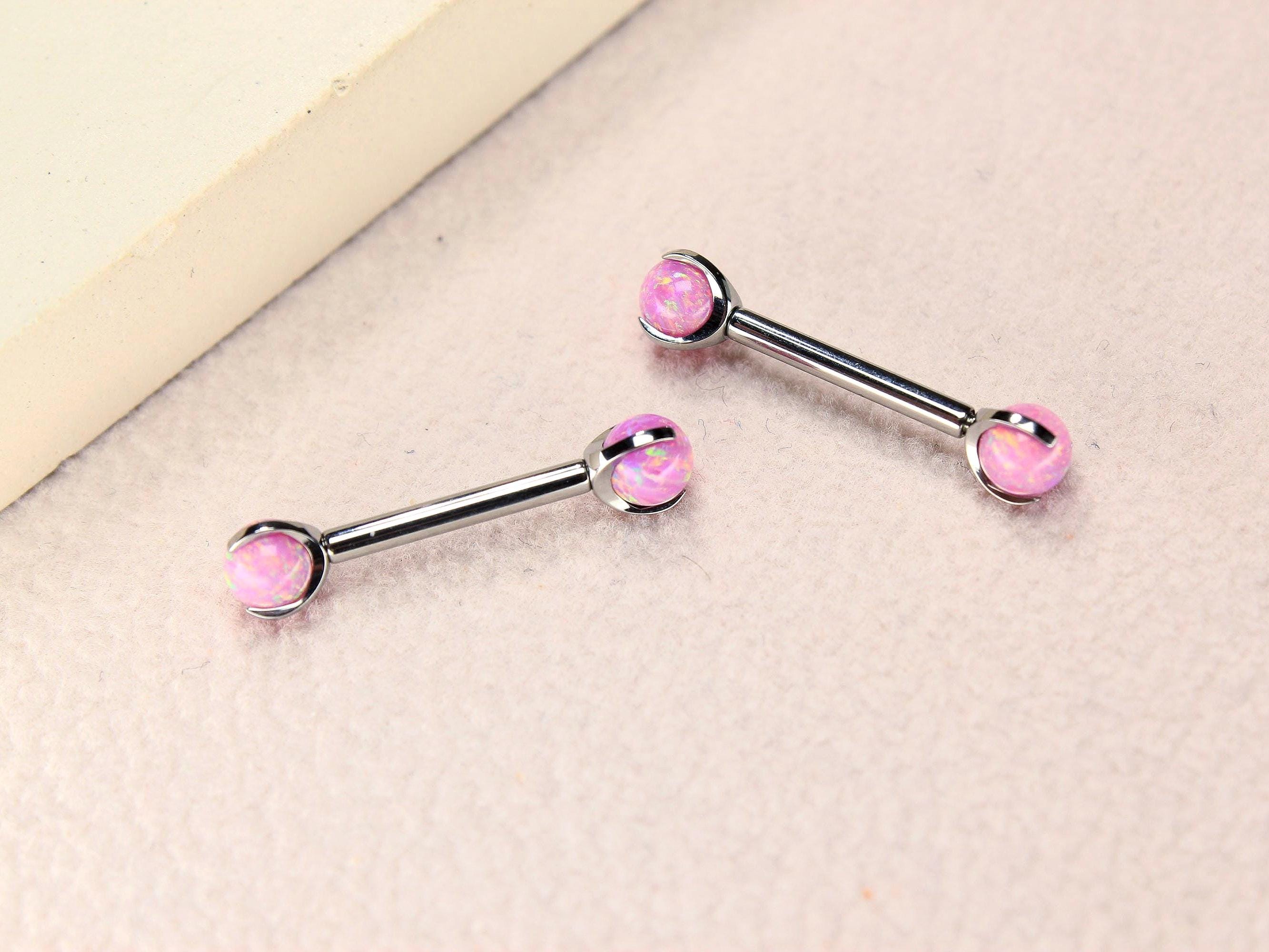 14G Titanium Nipple Barbell, Pink Opal Ball End Nipple Ring Piercing, Pair of Nipple Sheild Body Jewelry, Minimalist Nipple Piercing Jewelry