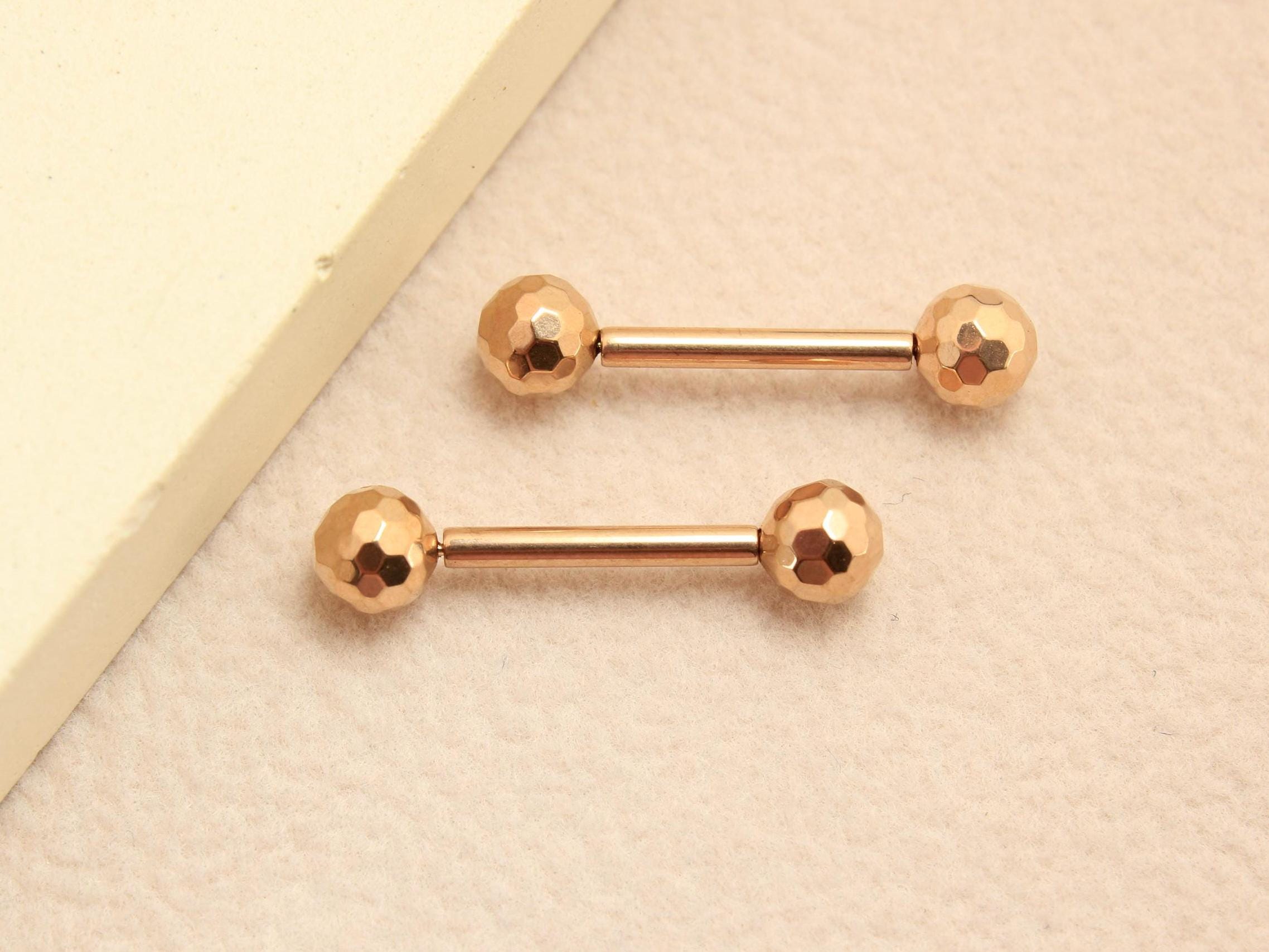 Rosegold Titanium Nipple Barbell, 14G Disco Ball End Threadless Push In Nipple Ring Jewelry,Pair of 2 Nipple Piercing, Push In Body Jewelry