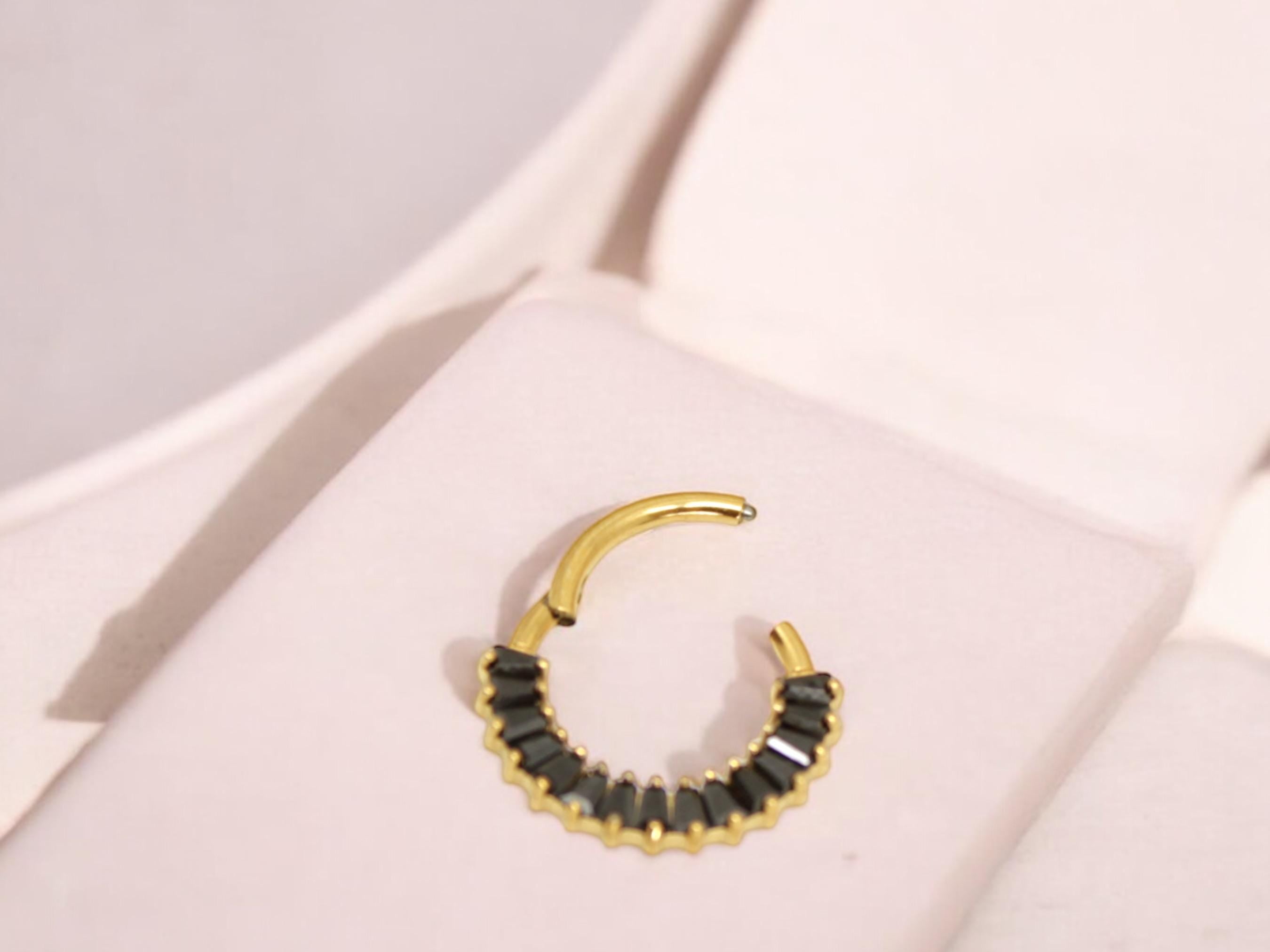 Titanium Black Septum Clicker Ring, Black Marquise Front Facing Gem Hinged Segment Septum Ring, 16g Septum Piercing Jewelry, Nose Jewelry