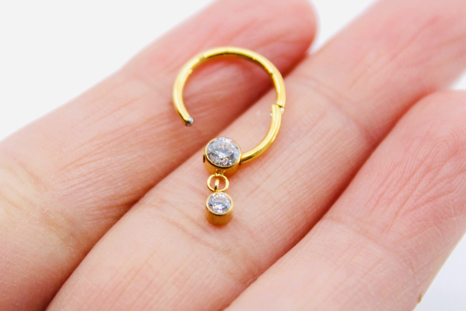 16g Gold Titanium Septum Piercing Clicker Hoop Ring, Dangle Sparkle Gem Decor Septum Ring Hoop, Titanium Septum Jewelry, Nose Jewelry
