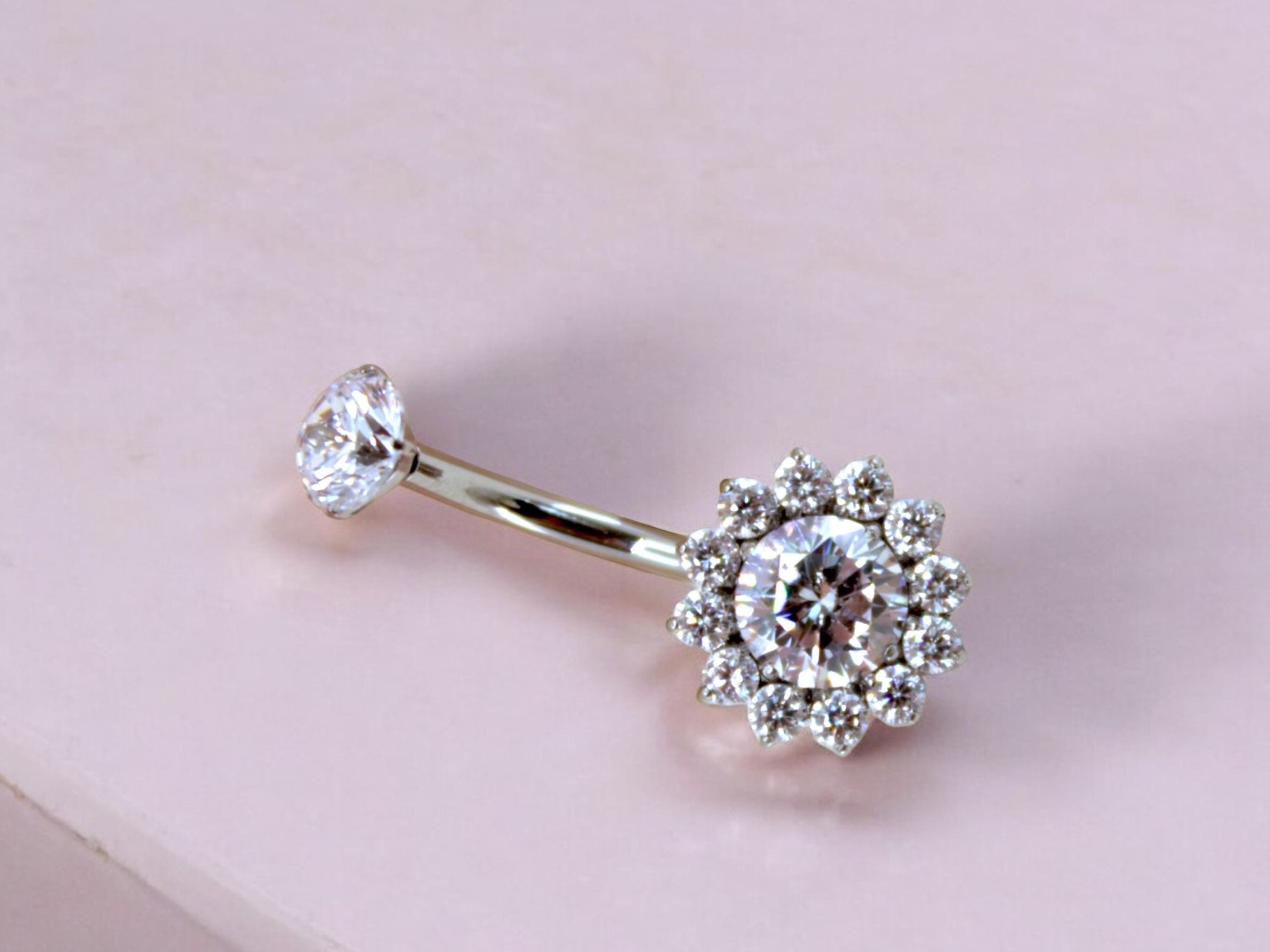 NEW • 14G Titanium Silver Belly Button Ring, Clear Sparkle Gem Floral Decor Belly Button Ring Piercing Jewelry, Navel Piercing Ring