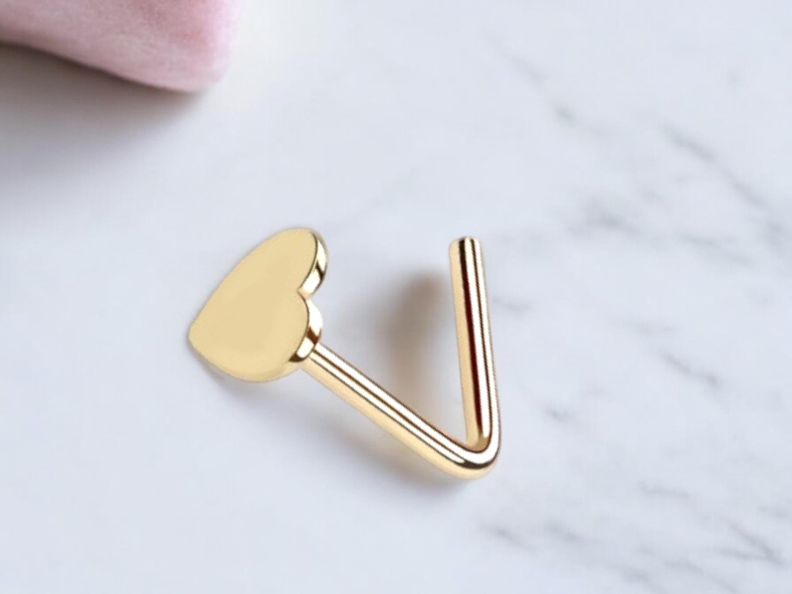 14K Gold Heart Nose Stud, 20G L-Shaped Piercing Jewelry, Minimalist Solid Gold Nose Ring, Thin Nose Gold Nose Stud