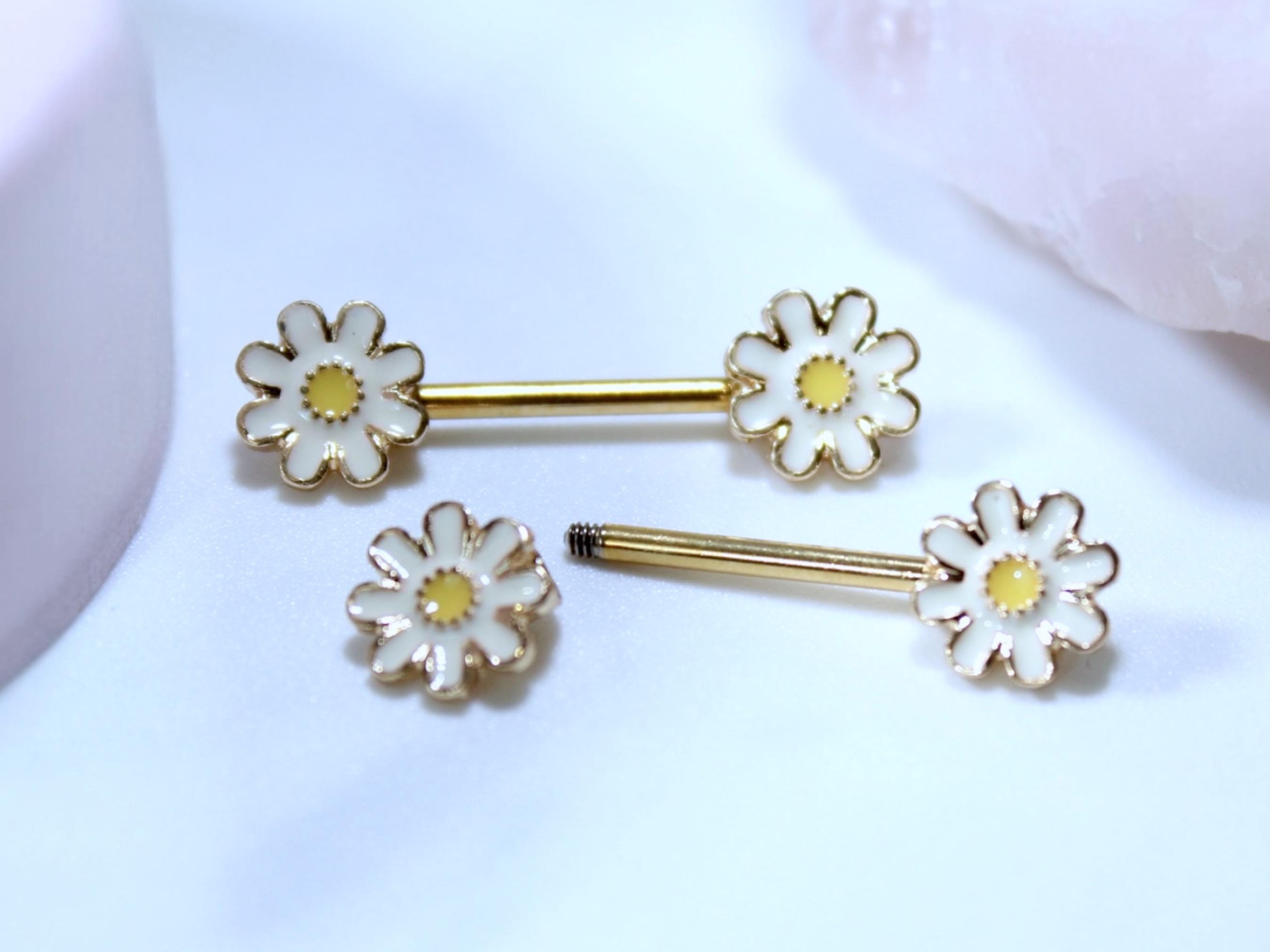 14G Daisy Nipple Barbell, Set of 2 Gold Floral Nipple Ring, Nipple Piercing Jewelry, Customized Personalized Body Jewelry