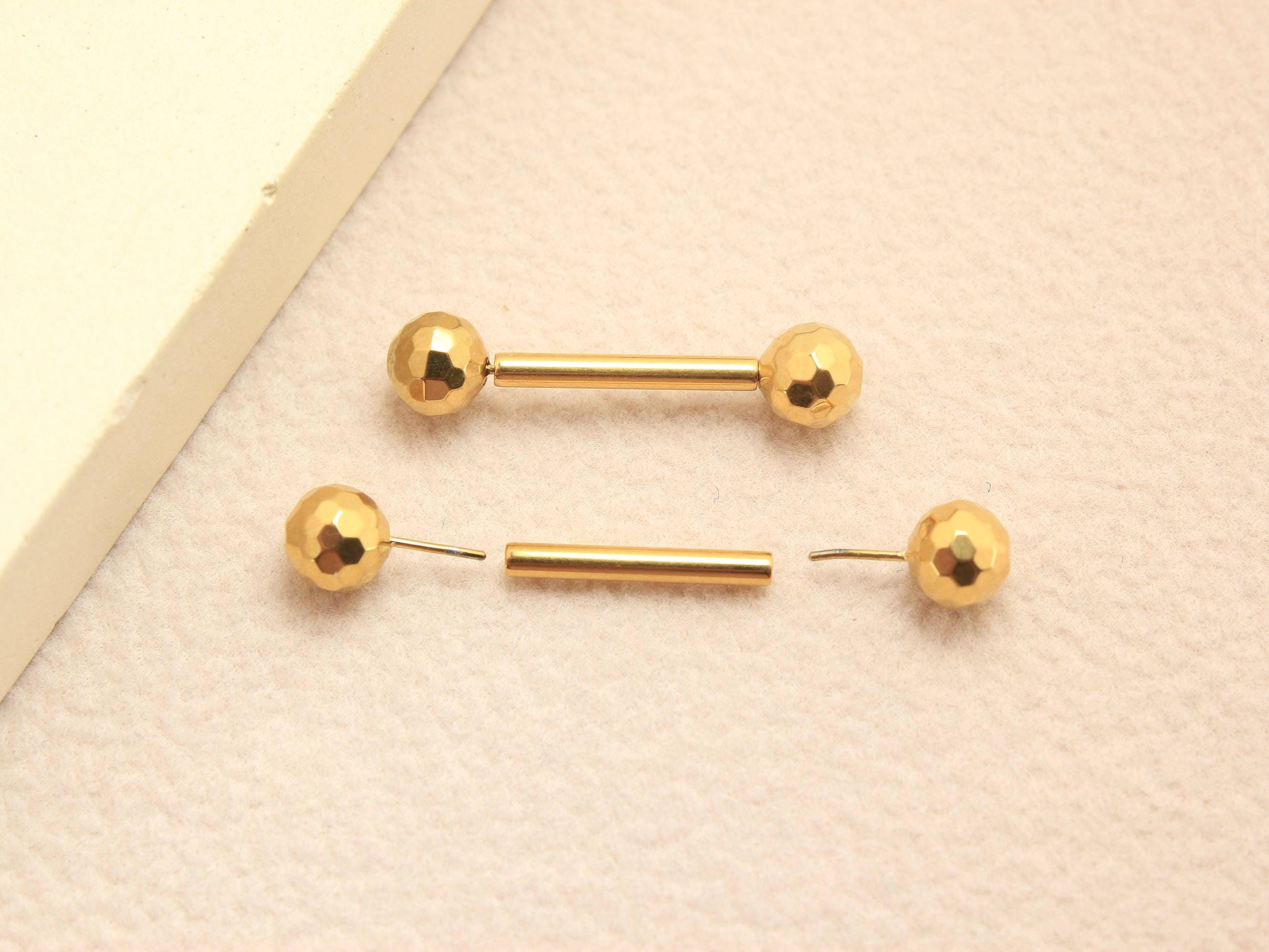 Gold Titanium Nipple Barbell, 14G Disco Ball End Threadless Push In Nipple Ring Jewelry,Pair of 2 Nipple Piercing, Push In Body Jewelry