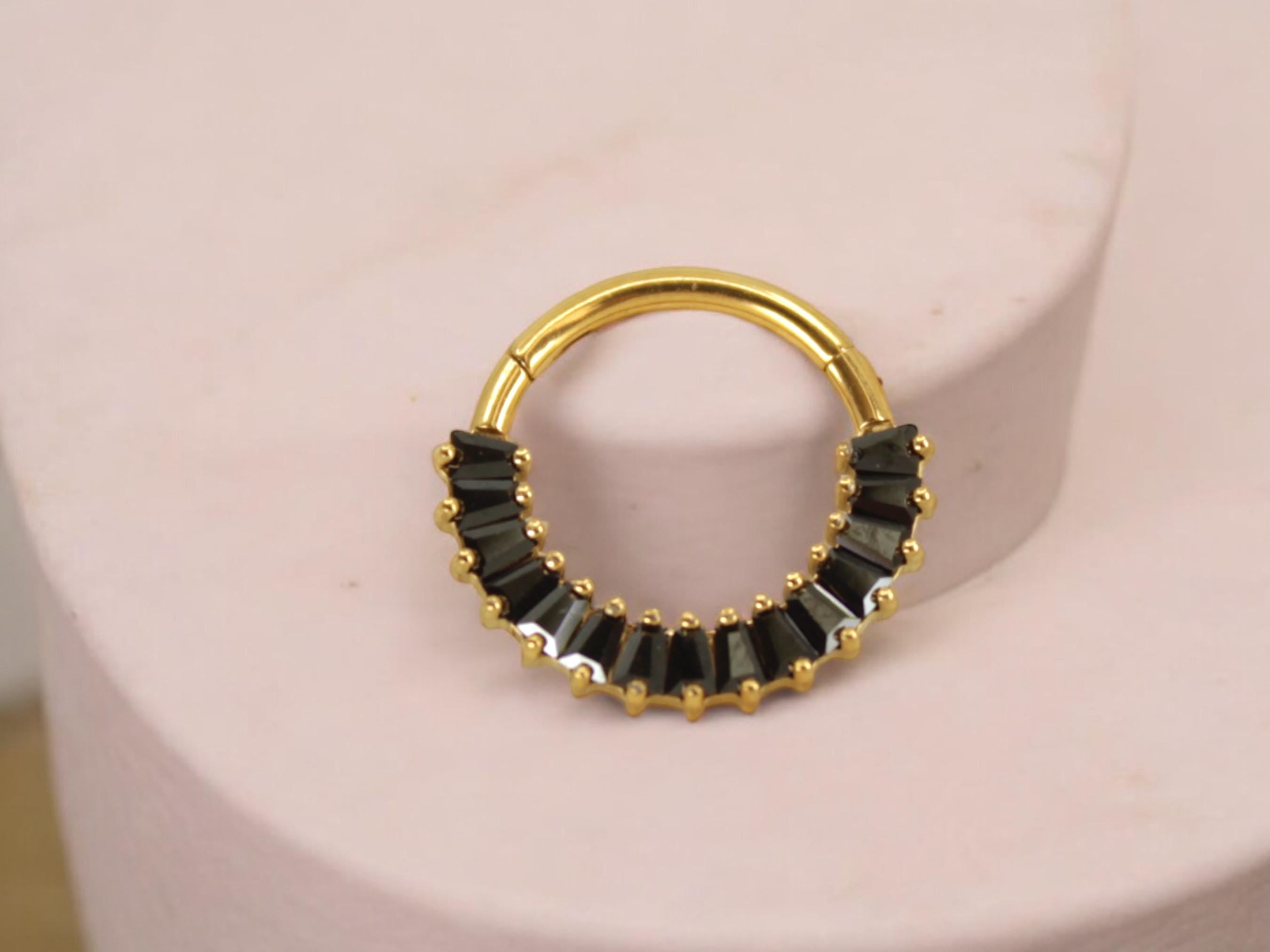 Titanium Black Septum Clicker Ring, Black Marquise Front Facing Gem Hinged Segment Septum Ring, 16g Septum Piercing Jewelry, Nose Jewelry