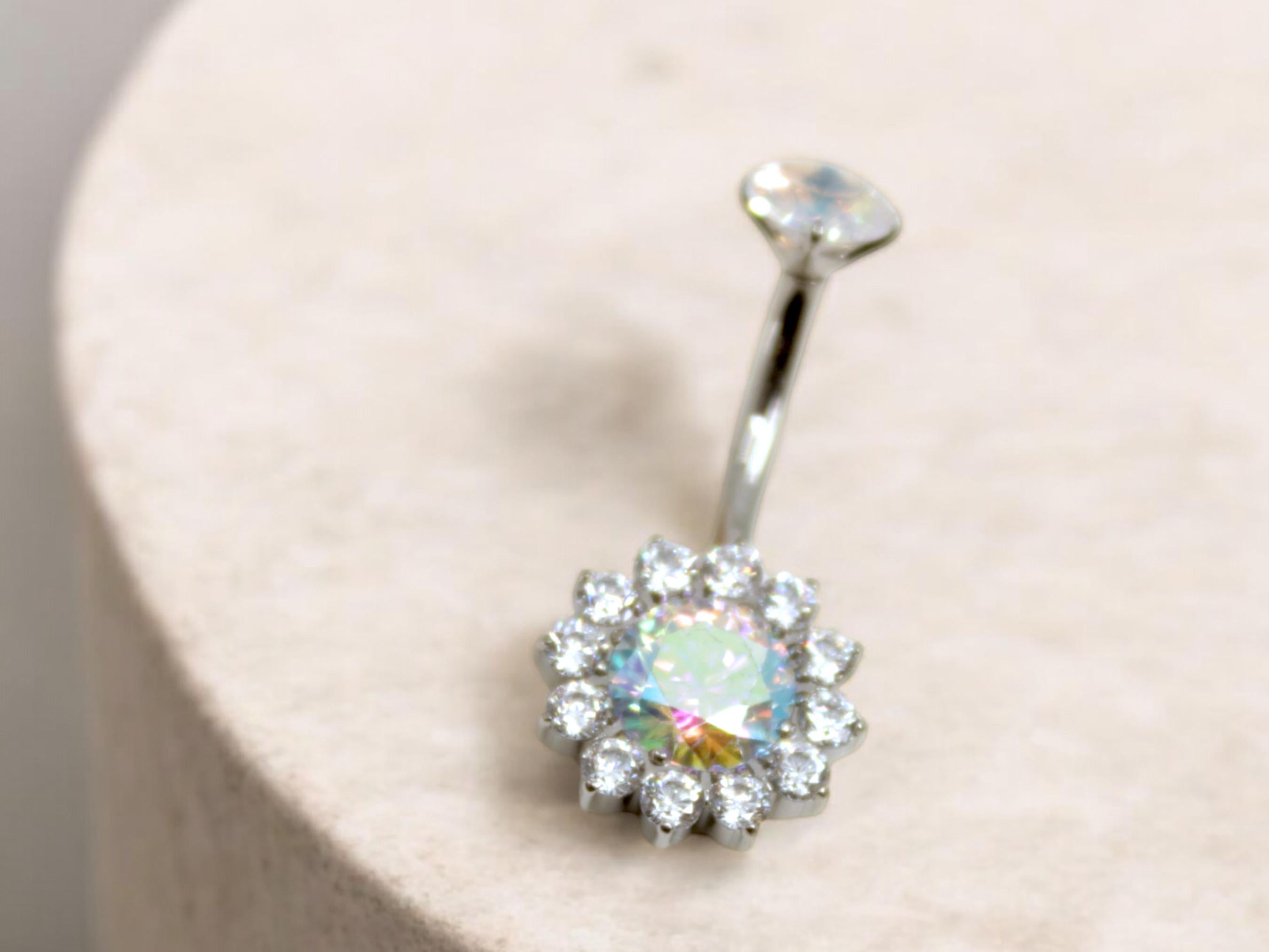 Aurora Borealis CZ Sunburst Belly Button Ring , 14g Titanium Silver Floating Navel Ring Piercing, Sparkly Crystal Body Jewelry,