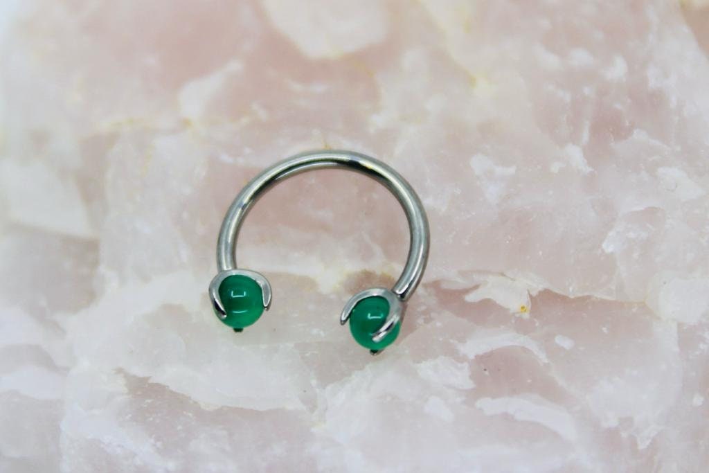 Implant Grade Titanium Natural Stone Jade Green Horseshoe Hoop Ring, Internally Threaded Septum Piercing Hoop Ring, Septum Jewelry Ring