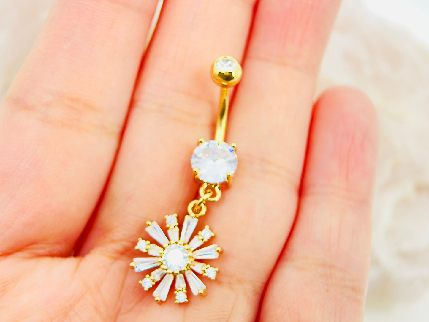 14G Gold Flower Dangling Belly Ring, Baguette Gem Floral Decor Charm Belly Button Ring Piercing Jewelry, Hypoallergenic Navel Piercing,