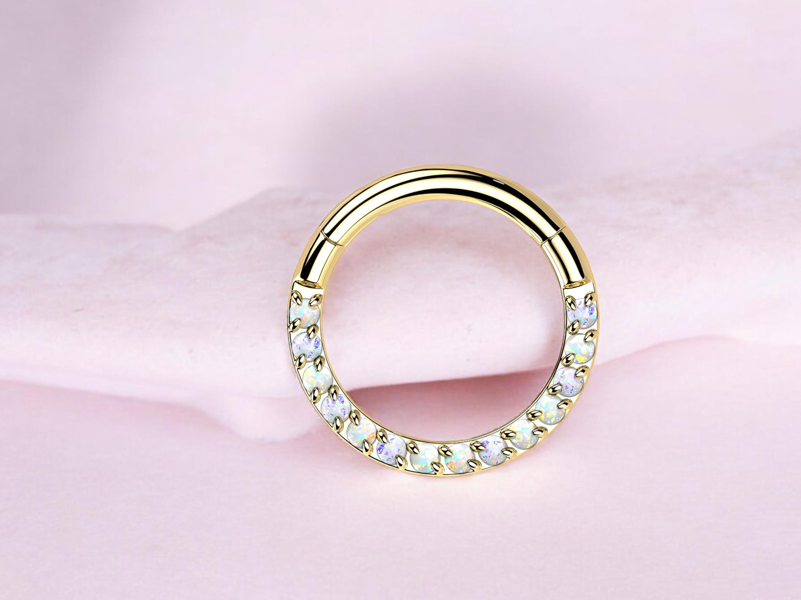 Titanium Septum Clicker Ring, 16g Dainty Gold Septum Hoop Ring, Opal Gem Hinged Segment Septum Piercing Jewelry, Nose Piercing Jewelry