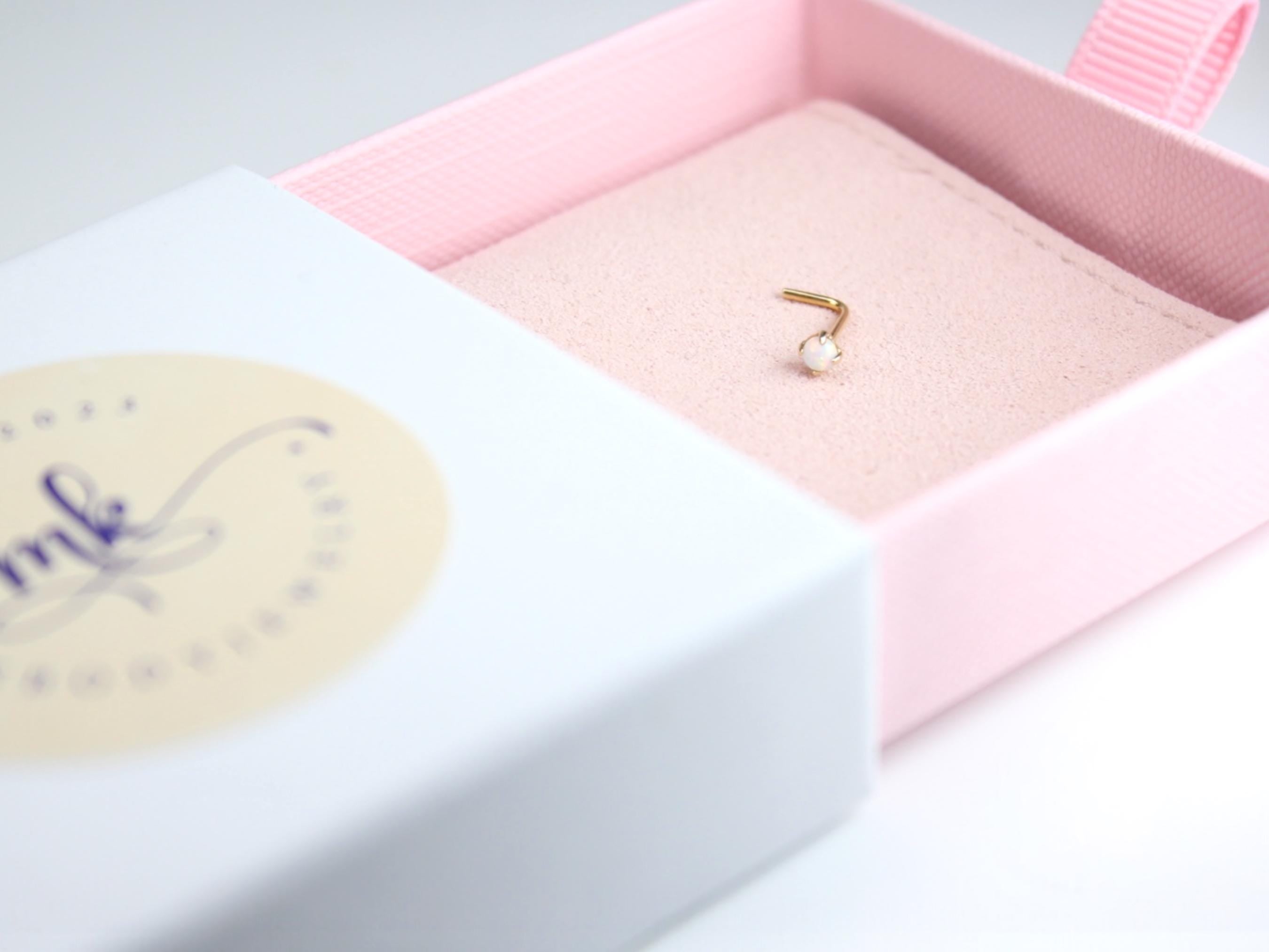 14K Gold Opal Nose Stud, White Opal L-Shaped Nose Ring, 20G Solid Gold Piercing Jewelry, Minimalist Dainty Nose Stud, Gold Body Jewelry