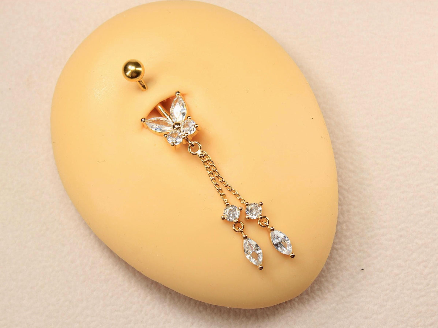 Gold Butterfly Dangling Belly Button Ring – 14G CZ Chain Navel Piercing Jewelry