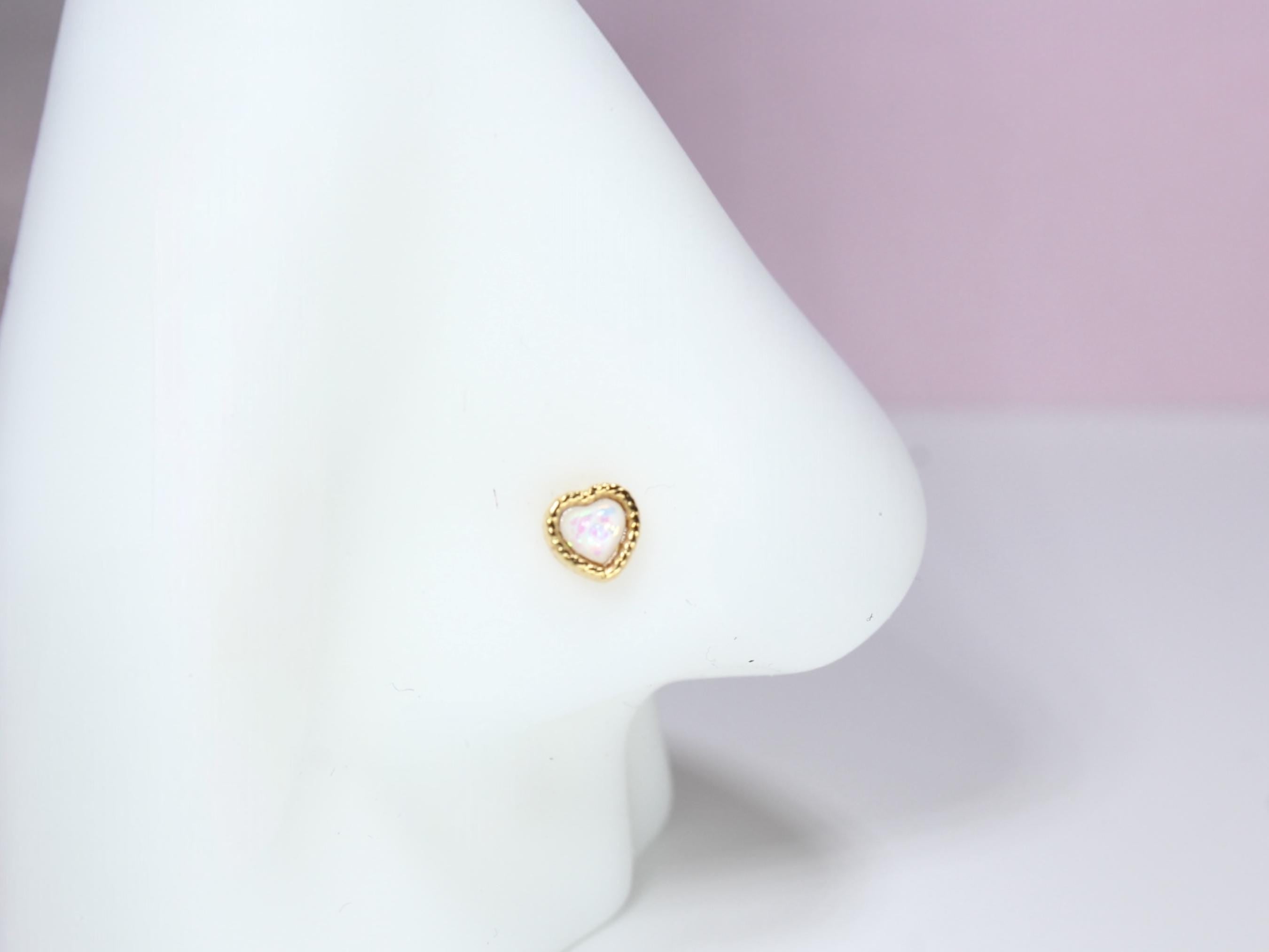 20g Heart Nose Stud, Dainty White Opal Glitter Nose Bone Stud,Ball End Nose Piercing,Thin Nose Stud, Gold Nose Ring, Hypoallergenic Jewelry