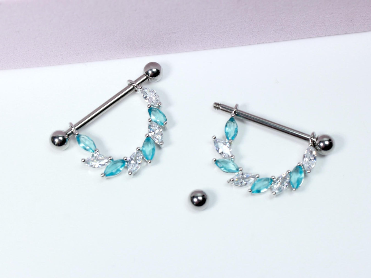 14G Blue Marquise Nipple Barbell, Set of 2 Dainty Nipple Ring, Nipple Piercing Jewelry, Body Jewelry