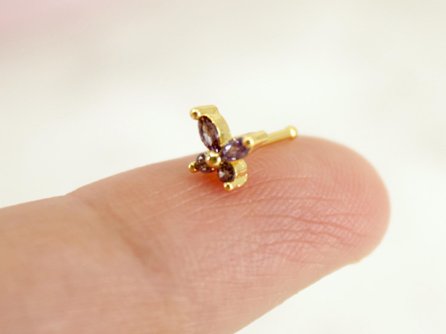 Dainty Butterfly Nose Stud, Purple Gemstone Nose Stud Ring, 20g Nose Piercing Jewelry, Gold Nose Hoop Stud Ring