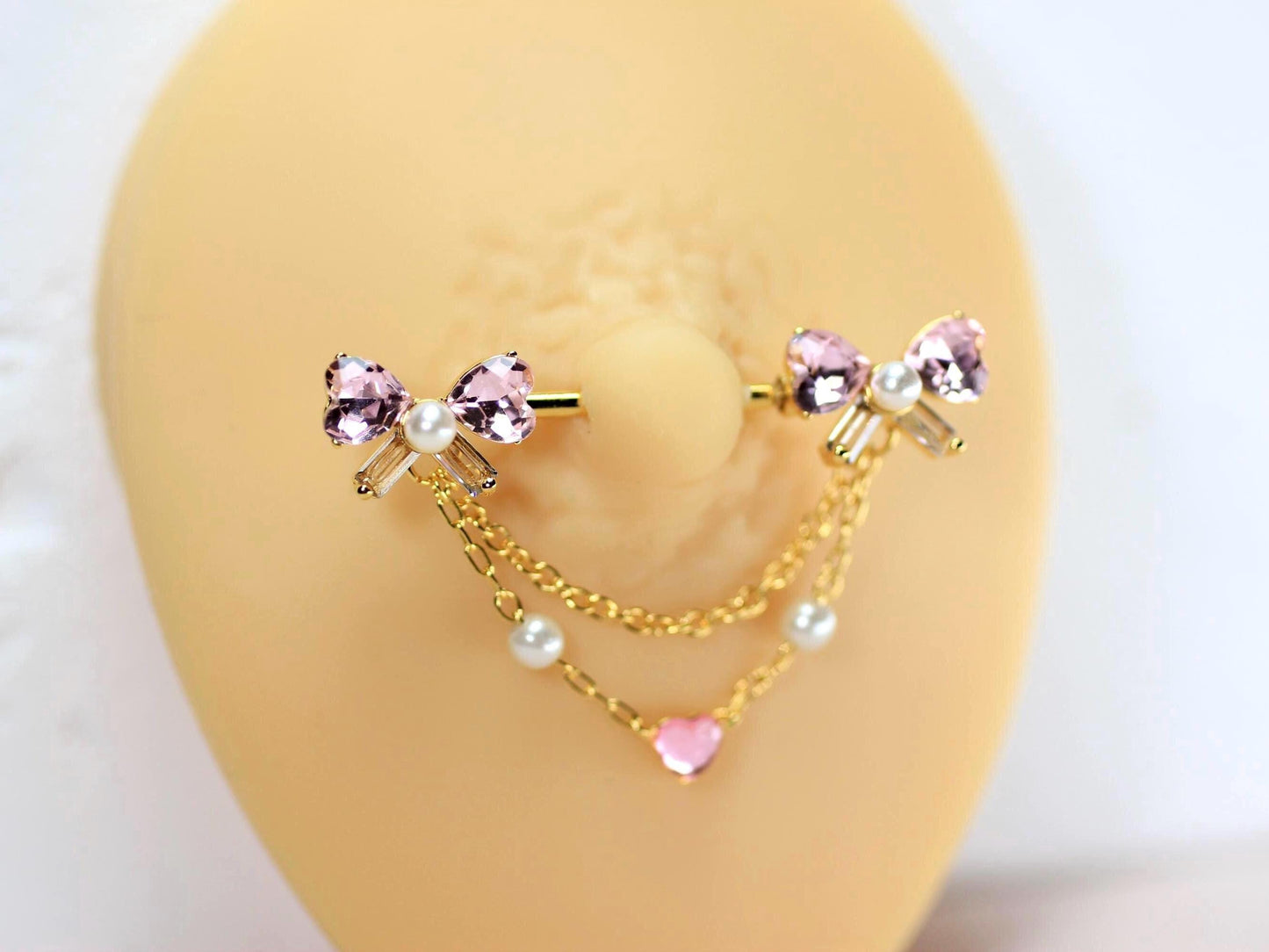 14g Gold Dangling Nipple Barbell, Bow Heart Drop Dangle Push In Nipple Piercing, Surgical Steel Body Jewelry.