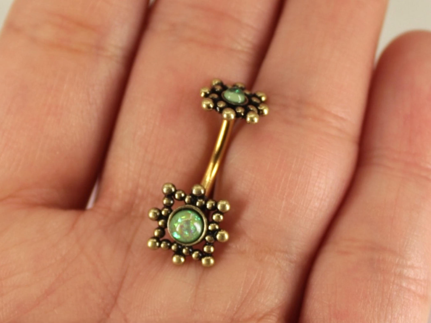 Opal Belly Ring, Beaded Decor Gold Belly Button Ring, 14g Belly Piercing, Navel Ring, Navel Bar, Gold Belly Jewelry