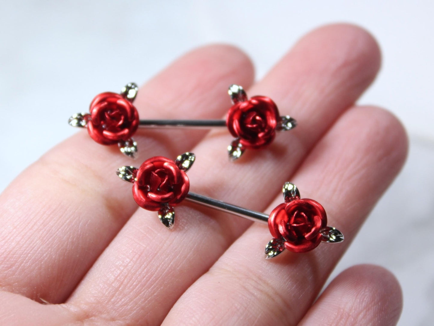14G Red Rose Nipple Barbell – Pair of Floral Rose Nipple Rings, Surgical Steel Nipple Piercing Jewelry.